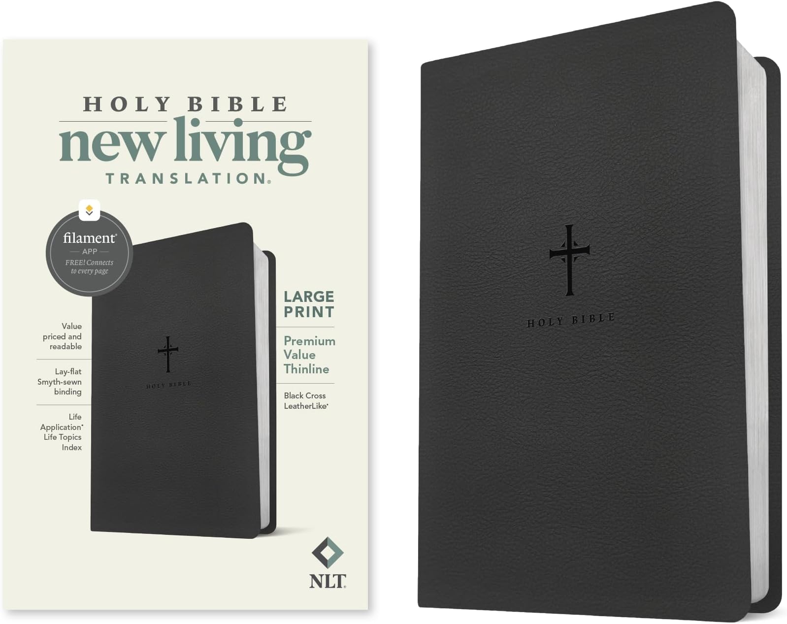NLT Large Print Premium Value Thinline Bible, Filament Enabled (LeatherLike, Black Cross)