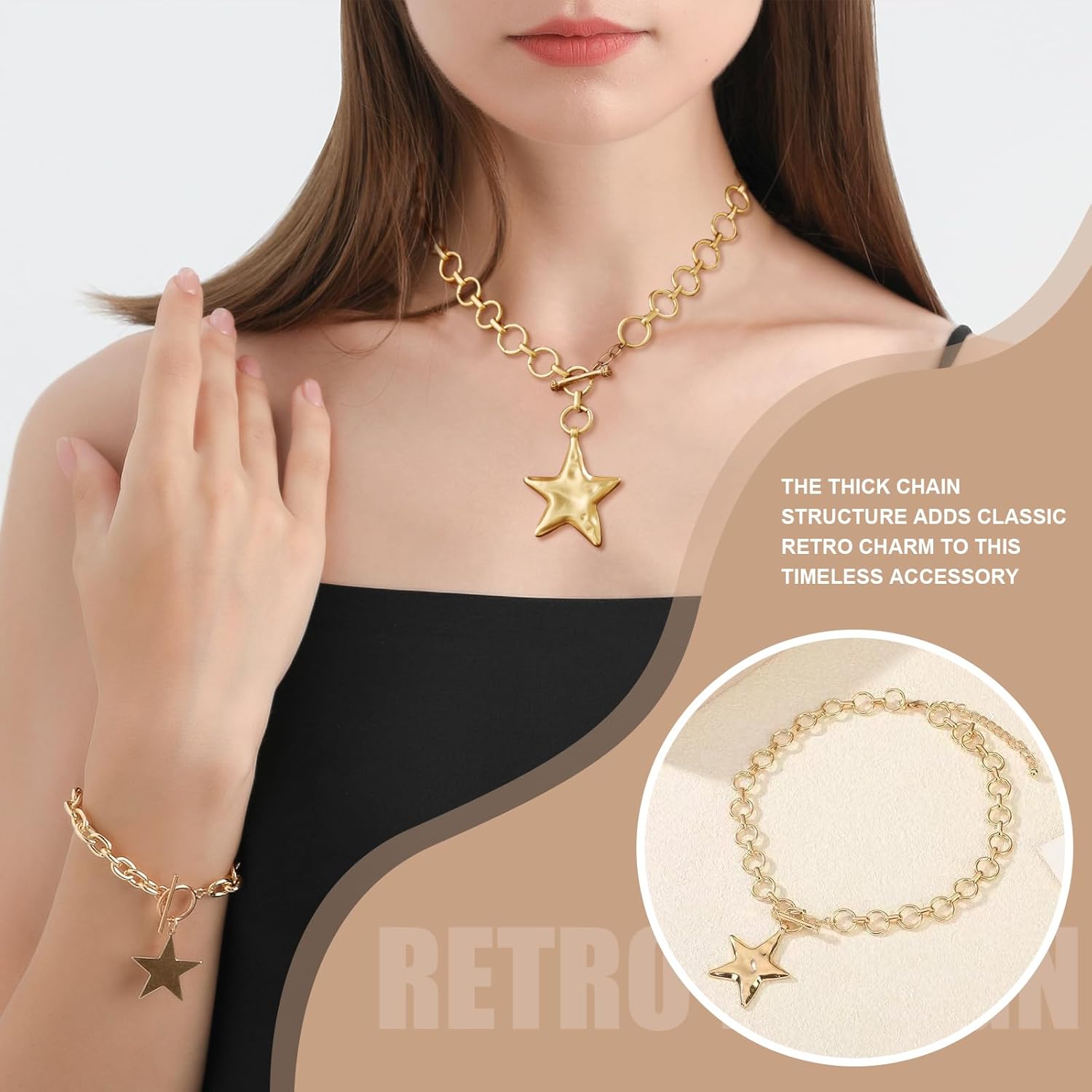 Chunky Necklace and Bracelet Set for Women, 2PCS Cross & Star Jewelry Sets, Trendy Gold and Silver Statement Chain Necklace for Gifts - Image 2