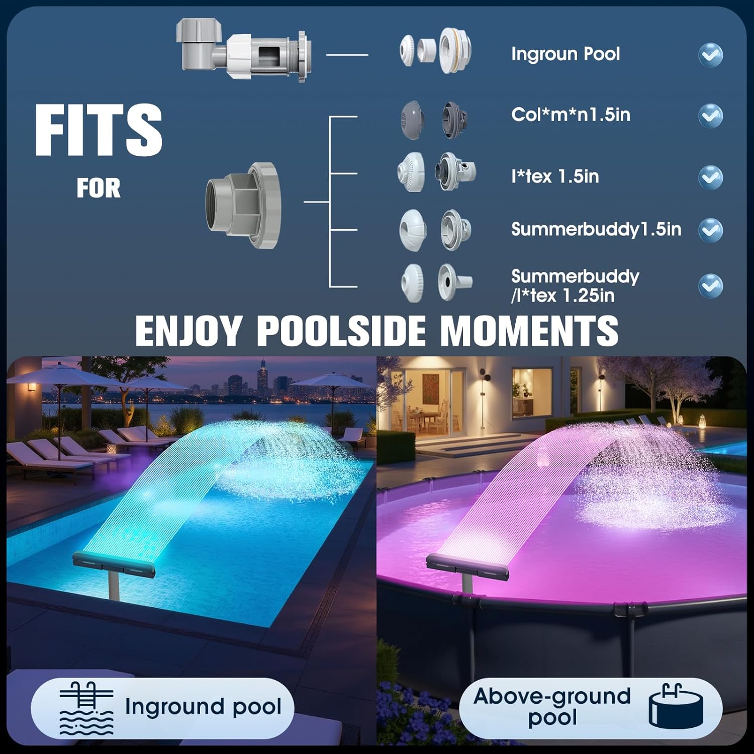 Upgraded Pool Fountain with Remote - Adjustable Waterfall Pool Sprinkler Fountains with Lights, Spray Water Fountains for Above Ground and Inground Pool for Cooling, White