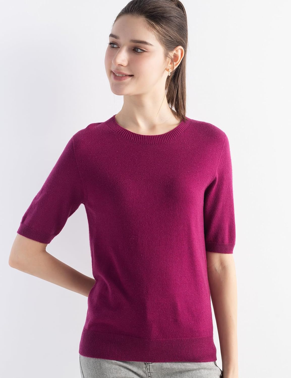 Women's Merino Wool Blend Sweater Fall Winter Crew Neck Short Sleeve First-Line Ready to Wear Seamless Knit Pullover - Image 5