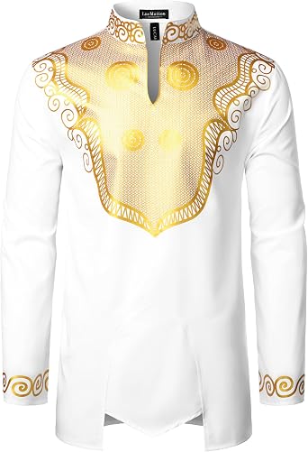 LucMatton Men's African Attire Dashiki Long Sleeve Shirt | Traditional, Festival, Wedding, Shiny Foil Printing, Mandarin Collar, Slim Fit, Lightweight