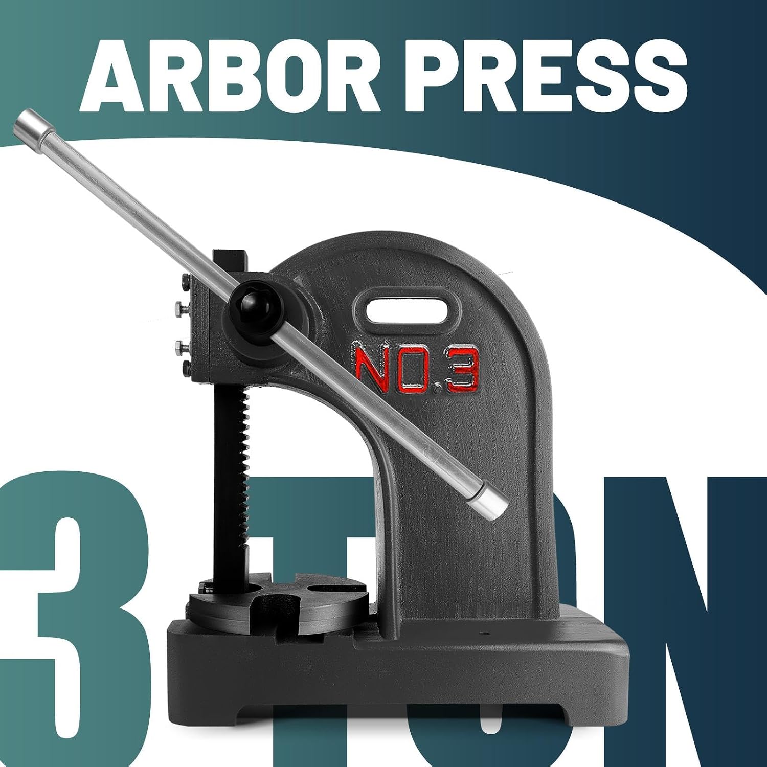 Arbor Press 3 Ton (22.24"H x 18.11"L), Reversible Ram, 3 Drifts, Steel Anvil for Punching/Shaping, Small Workbench (3T Black)