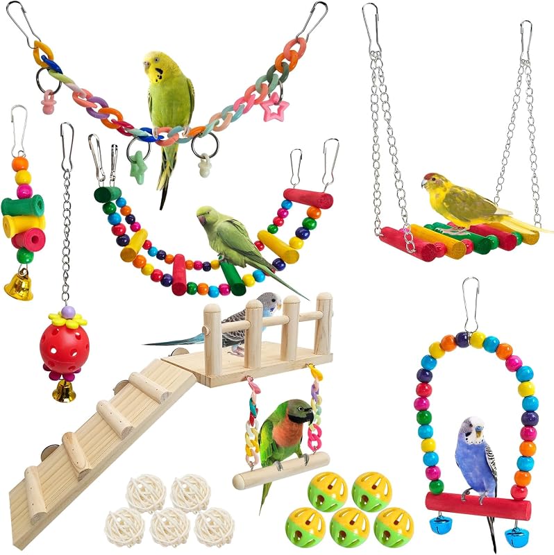 Brinquedos para Aves com Balanço, Escada e Poleiro de Madeira Hamiledyi HX045-1, Conjunto com 17 Peças