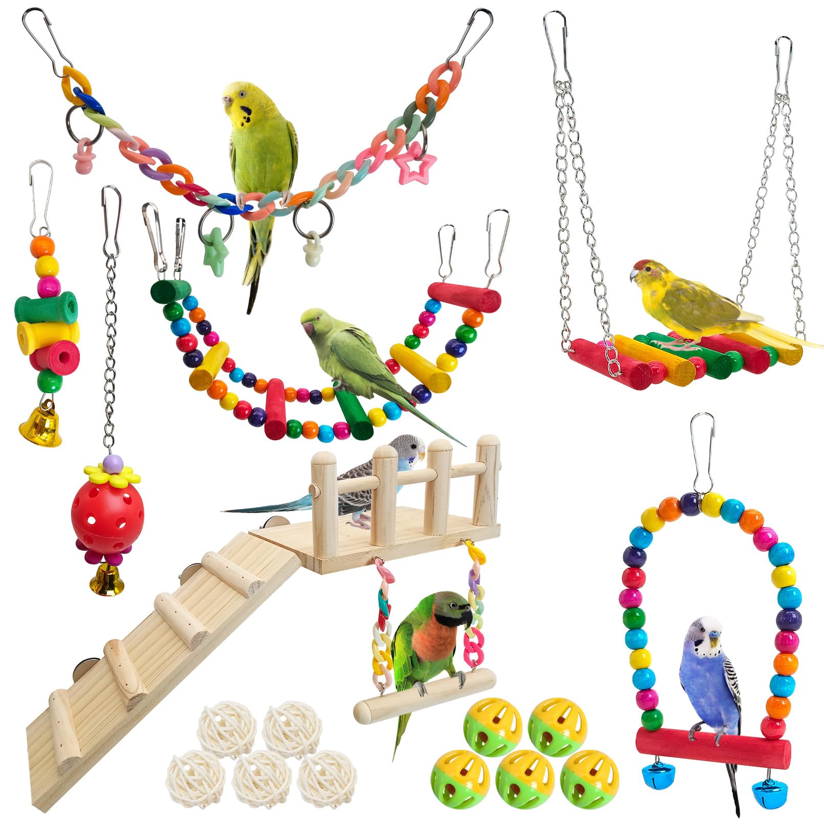 Hamiledyi 17Pcs Parrot Swing Toys Perches Platform with Bird Climbing Ladder Chewing Hanging Standing Colorful Toys Cage Accessories for Parakeet, Conure, Finch, Lovebirds, Budgie, Canary