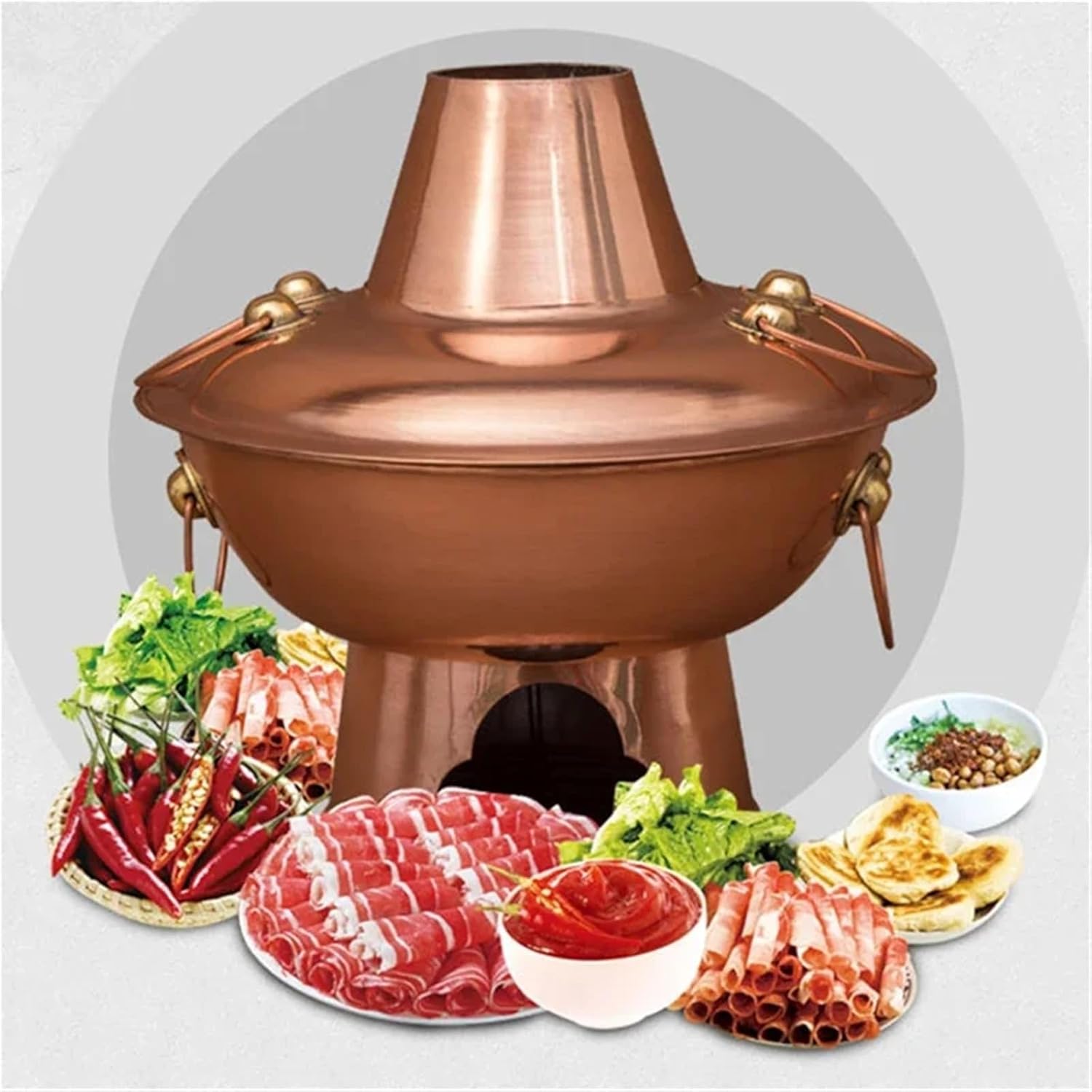 Hot Pot Red Copper Thickened Double Flavor Pot Old Beijing Stove Instant Boiled Mutton Charcoal Manual Copper Hot Pot Copper Hot Pot Copper Pot(36cm Double Pot)