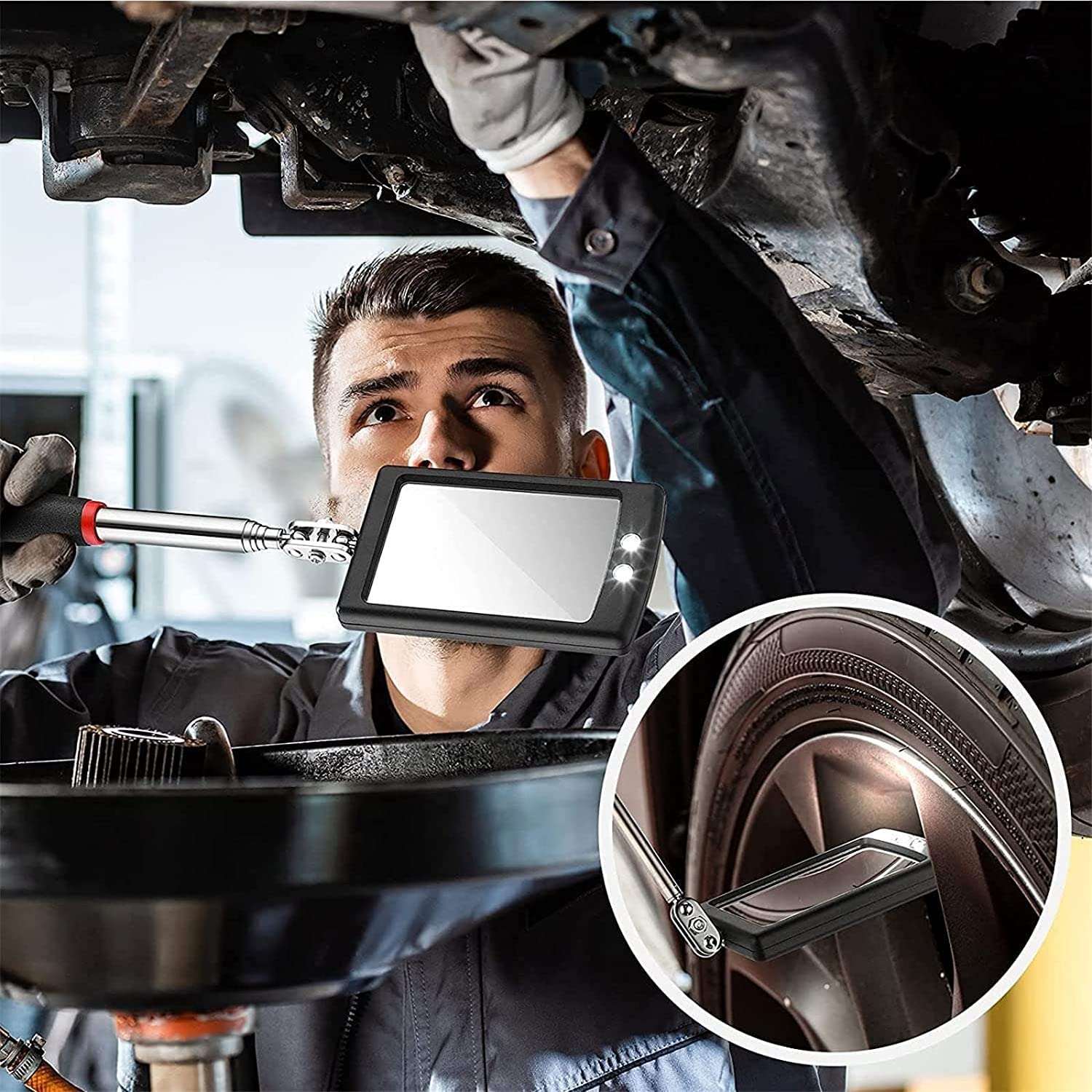 Espejos De Inspección Telescópicos Espejo De Inspección Automotriz Espejo De Inspección Telescópico para Chasis De Automóvil con Luz, Herramienta De Espejo Mecánico,