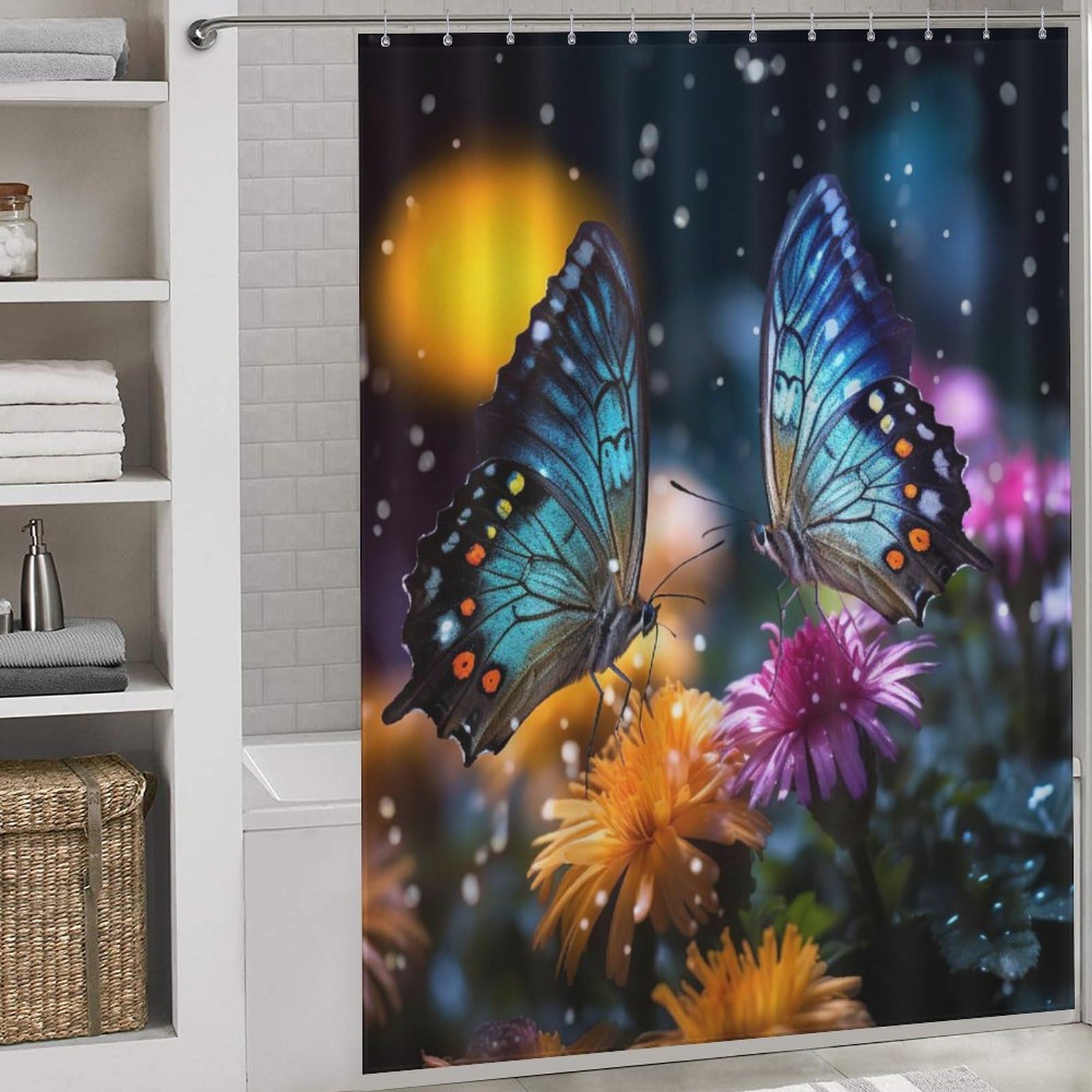 Rideau de douche papillon haut de gamme en tissu imperméable et lavable avec œillets renforcés