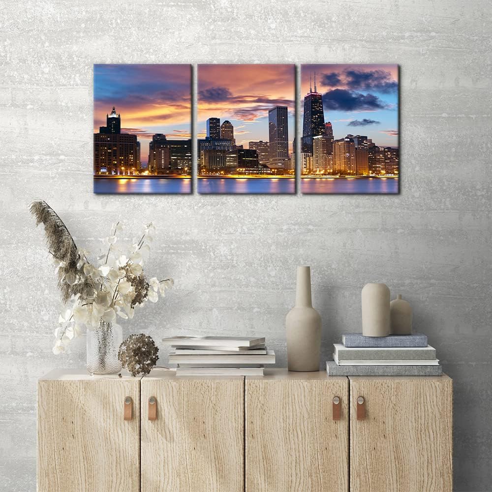 Pacimo Canvas Print Wall Art Chicago City Sunset Night Skyline Architecture & Maps Cityscape Photography Realism Global Scenic Colorful Multicolor for Living Room Bedroom Office - 12" x 16" x 3 Panels