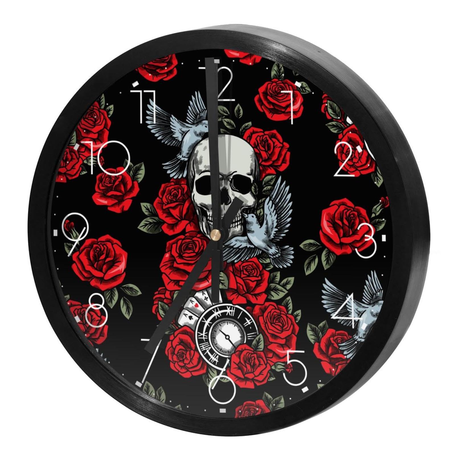 Horloge murale silencieuse à quartz avec motif tête de mort et roses pour maison et bureau