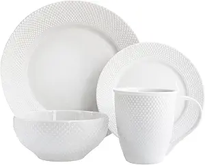 Elle Décor Round Dinnerware Set – 16-Piece Porcelain Dinner Set w/ 4 Dinner Plate, 4 Salad Plates, 4 Bowls & 4 Mugs – Unique Gift Idea Any Special Occasion or Birthday