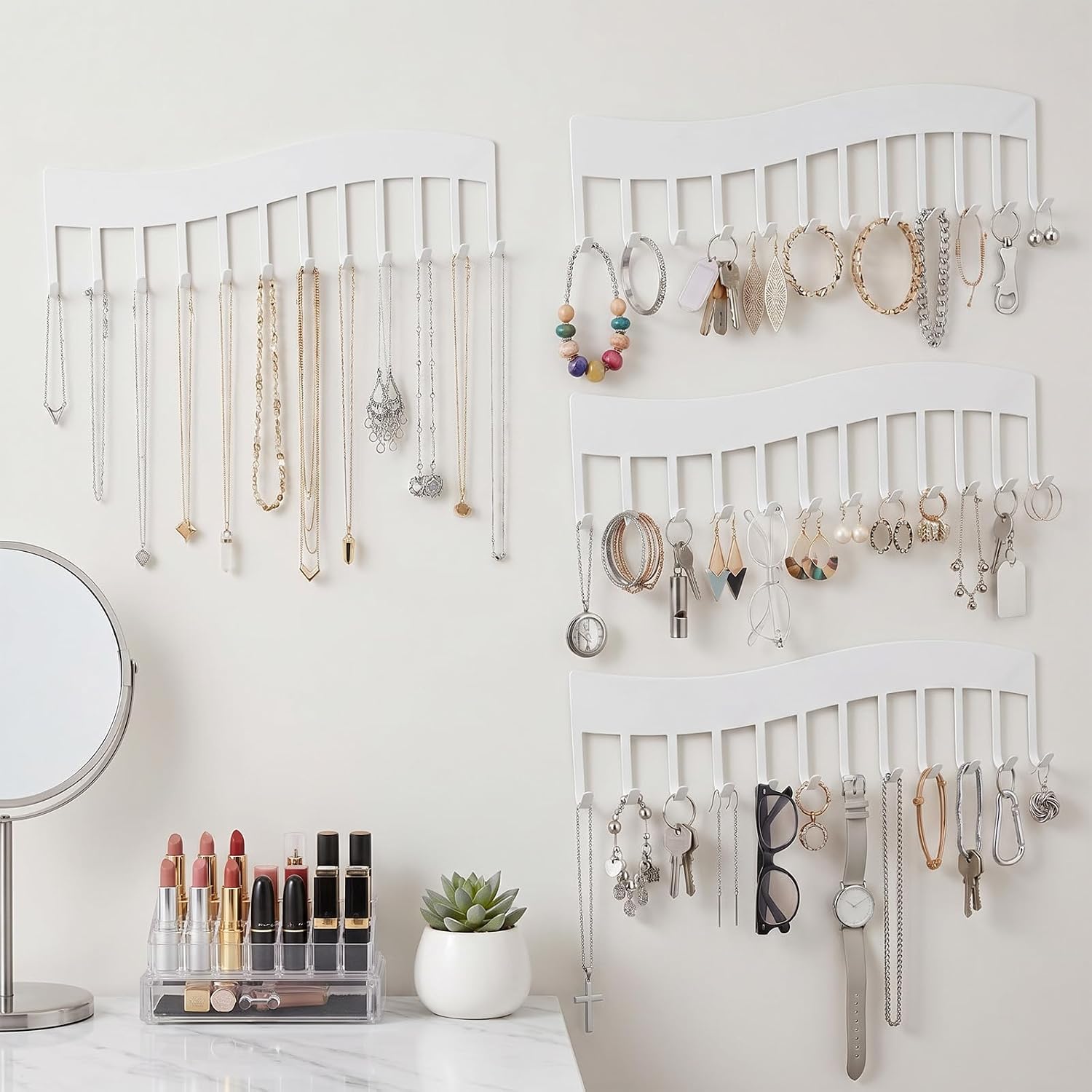 6 Pcs Necklace Organizer Wall Mount, 10.43 Inches Wall Mounted Jewelry Hanging Storage with 12 Hooks for Storage Jewelry Necklace, Wall Mounted Necklace Holder with Hooks for Tangle-Free Displa