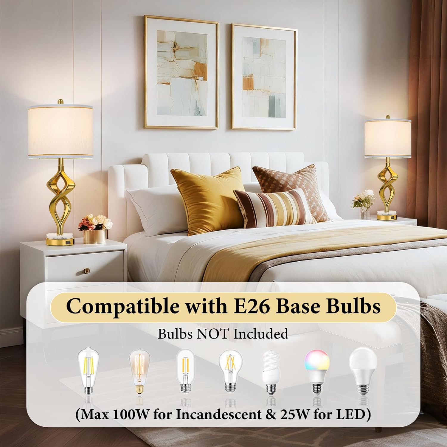 28.5" Modern Sculptural Living Room Table Lamps Set of 2 with USB A+C & AC Outlet, Gold Bedside Table Lamps with White Marble Base & Linen Shade, Nightstand Lamps for Bedroom Study Office Hotel Bar