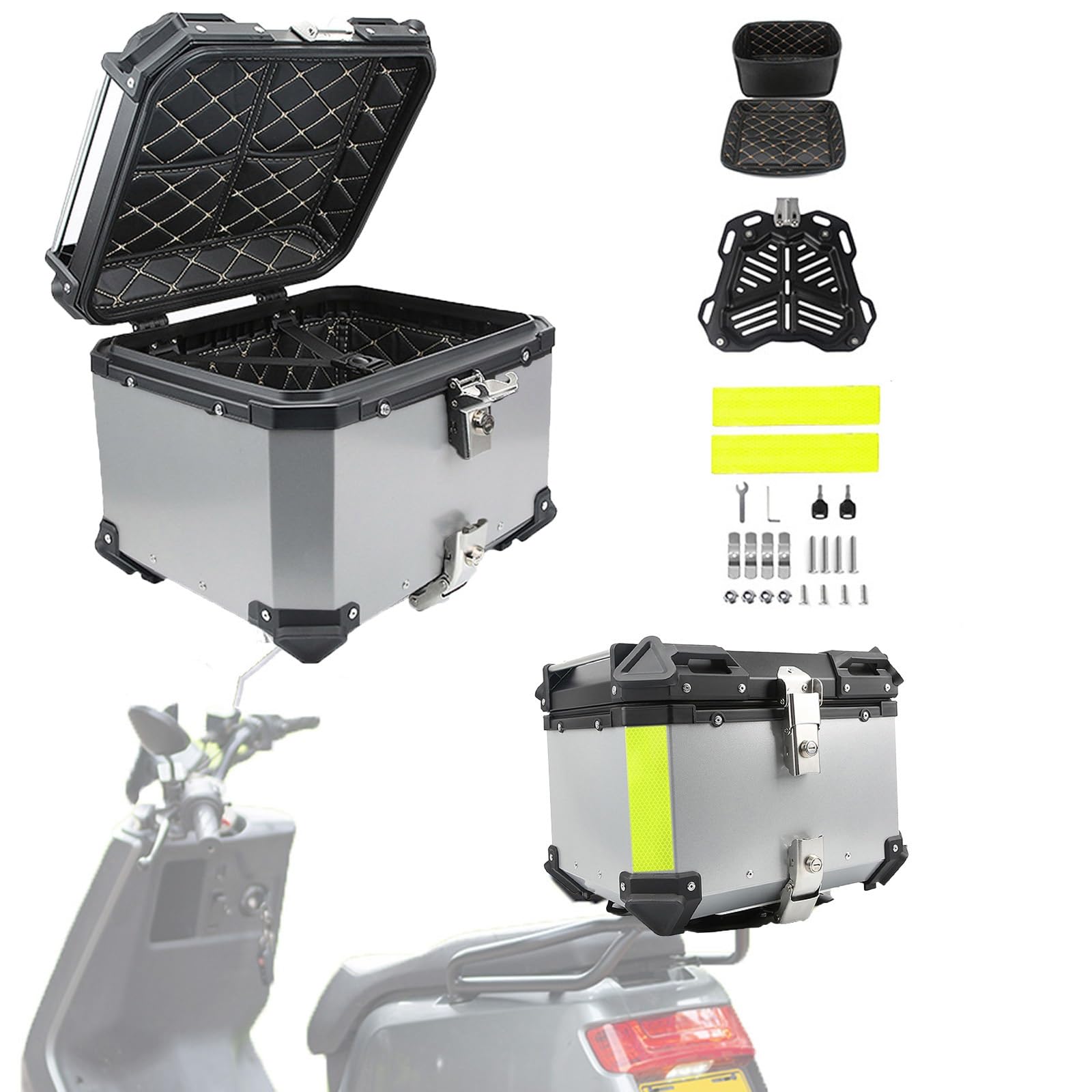 Motorcycle Tour Tail Box Trunk Aluminum Top Case Luggage Storage Carrier Case W/Security Lock and Handle 28/36/45/55/65/80/100L Capacity,Can Store Helmet (Color : Silver, Size : 80L)