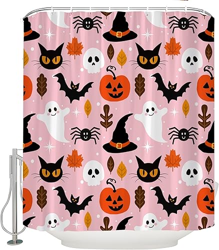 Miniatura 5 de Cortina de ducha rosa para Halloween, diseño de calabaza fantasma, gato negro espeluznante, calavera aterradora, murciélago de terror, sombrero de