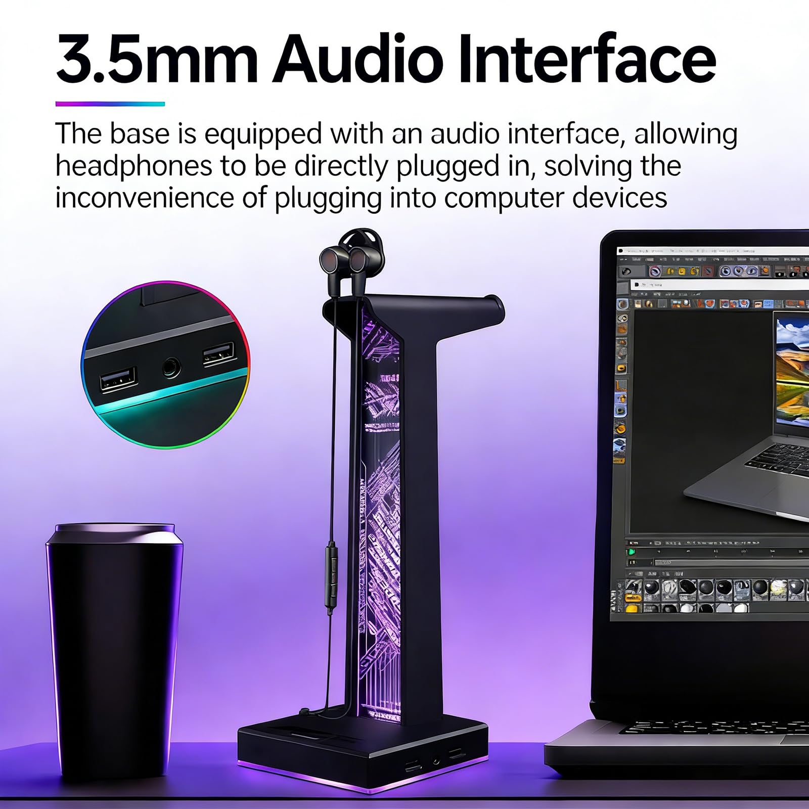 Support de casque de jeu avec éclairage RVB, support de casque LED avec 2 ports USB et ports audio de 3,5 mm, 10 modes d'éclairage pour tous les écouteurs