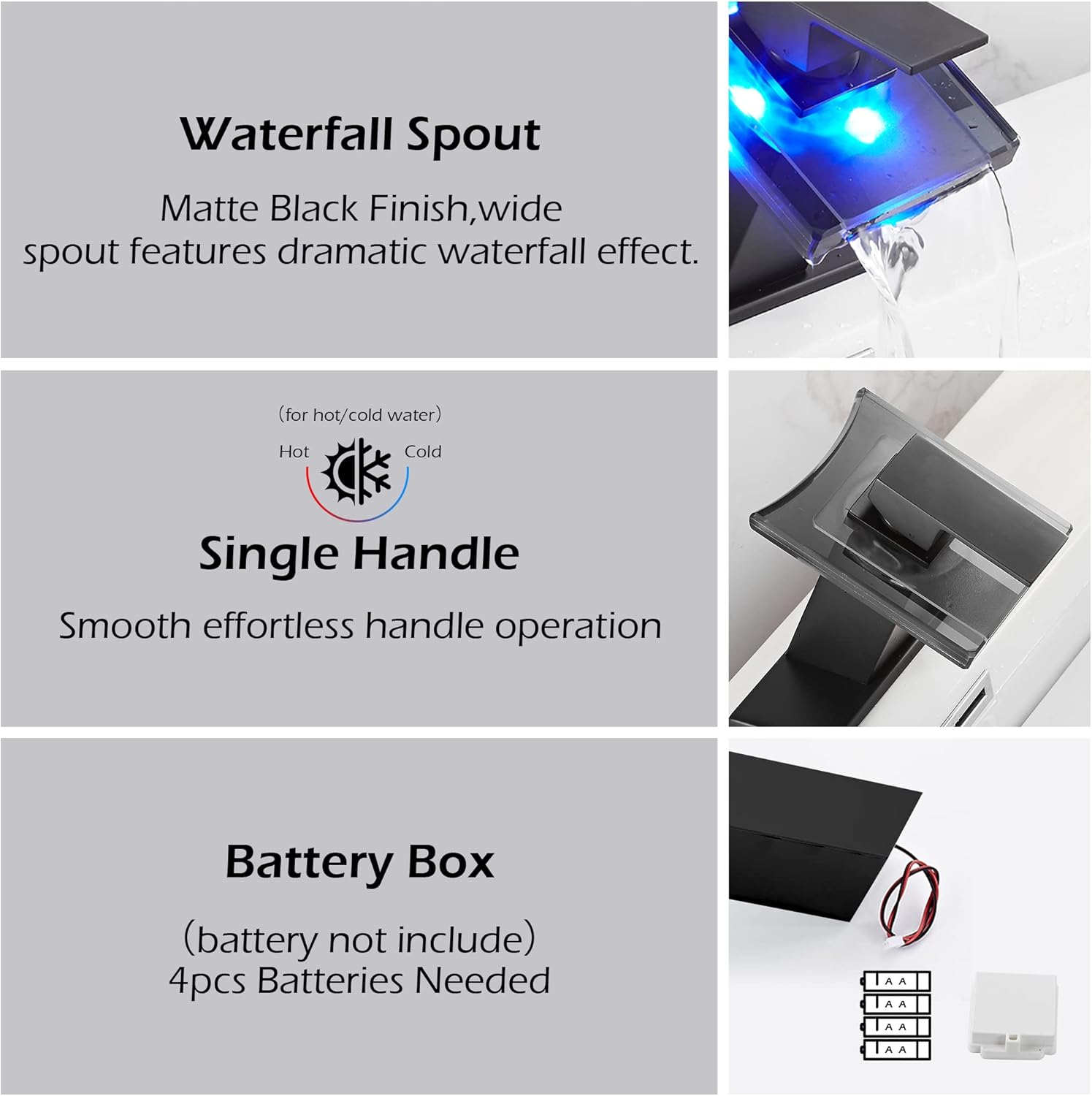 Bathroom Black Faucet Waterfall LED Glass Spout with Overflow Drain Stopper Single Handle One Hole Deck Mount Modern Designer Bath Basin Sink Tap 3 Color Changing Battery Powered Lavatory Vanity