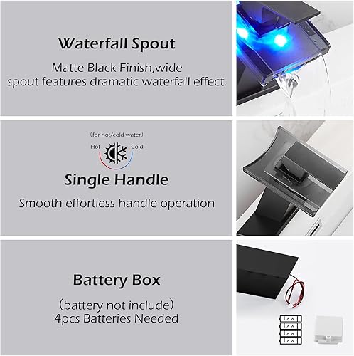 Miniatura 4 de Grifo negro para baño, caño de vidrio LED con cascada con tapón de drenaje de desbordamiento, mango único, montaje en cubierta de un agujero, diseño