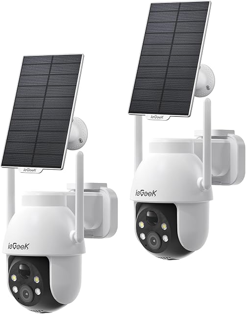 IeGeek Caméras de sécurité solaire sans fil, 2K WiFi Caméra Surveillance Exterieur, 360°PTZ Cam avec 3MP Vision de la nuit couleur, PIR Détection des mouvements, 2-Way Audio, Alarme, Travaille avec Alexa (2 Boîte)