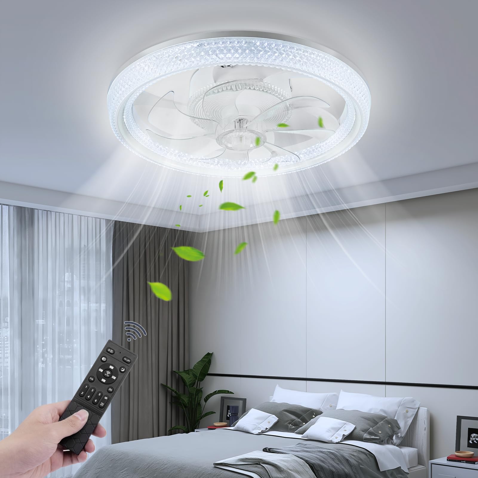 Plafonnier avec ventilateur, ventilateur de plafond avec éclairage, application et télécommande, 70W, 3000K - 6500K dimmable, 6 vitesses, minuterie, pour salon, chambre et salle à manger