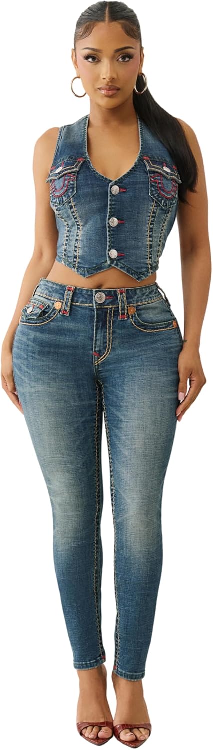 True Religion Women's Jennie Mid-Rise Skinny Flap Jeans – Super T Stitch Denim