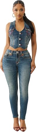 بنطلون جينز نسائي ضيق من True Religion Jennie بخصر متوسط وخياطة Super T Stitch من قماش الدنيم