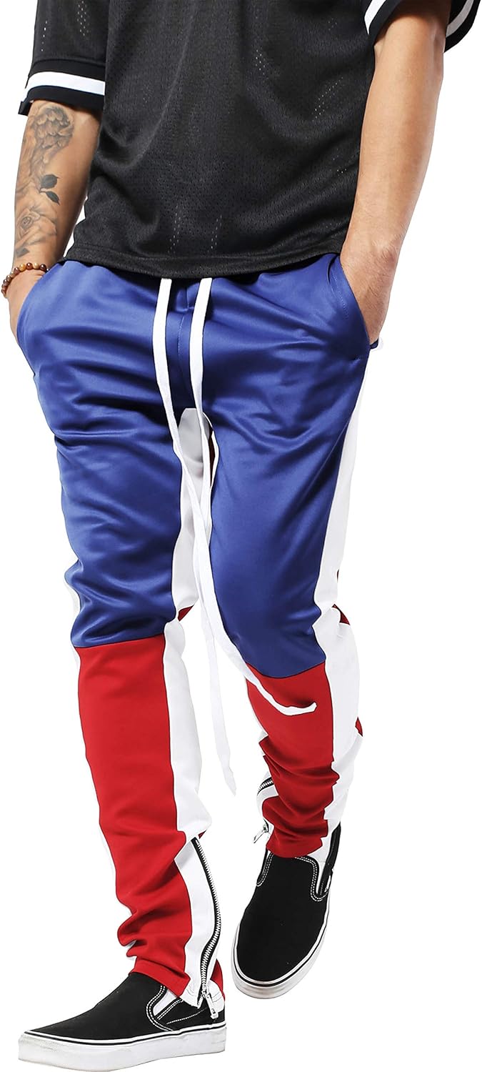 Mens Track Pants Three Tone (X-Large, tp0555_Royal Blue/Red)