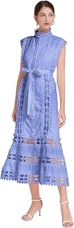 LAI MENG FIVE CATS Women's Sleeveless Hollow Out Lace Button Up Casual Midi Party Loose Dress with Belt