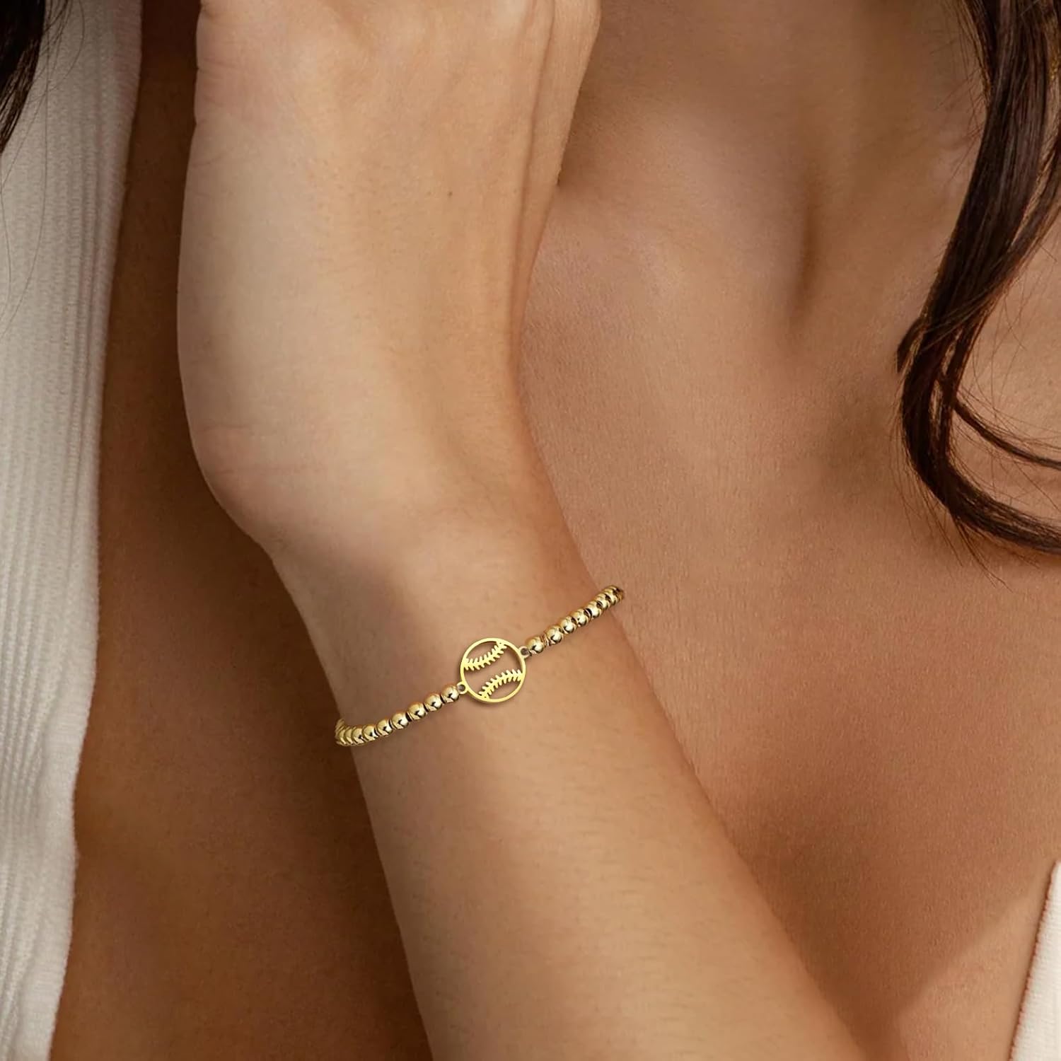 Dainty Gold Softball/Football/Basketball/Volleyball/Soccer Bracelets for Women Trendy,14K Gold Plated Bead Bracelet With Cute Sport Accessories Jewelry for Friend Team Adjustable Birthday Christmas Gift - Image 2