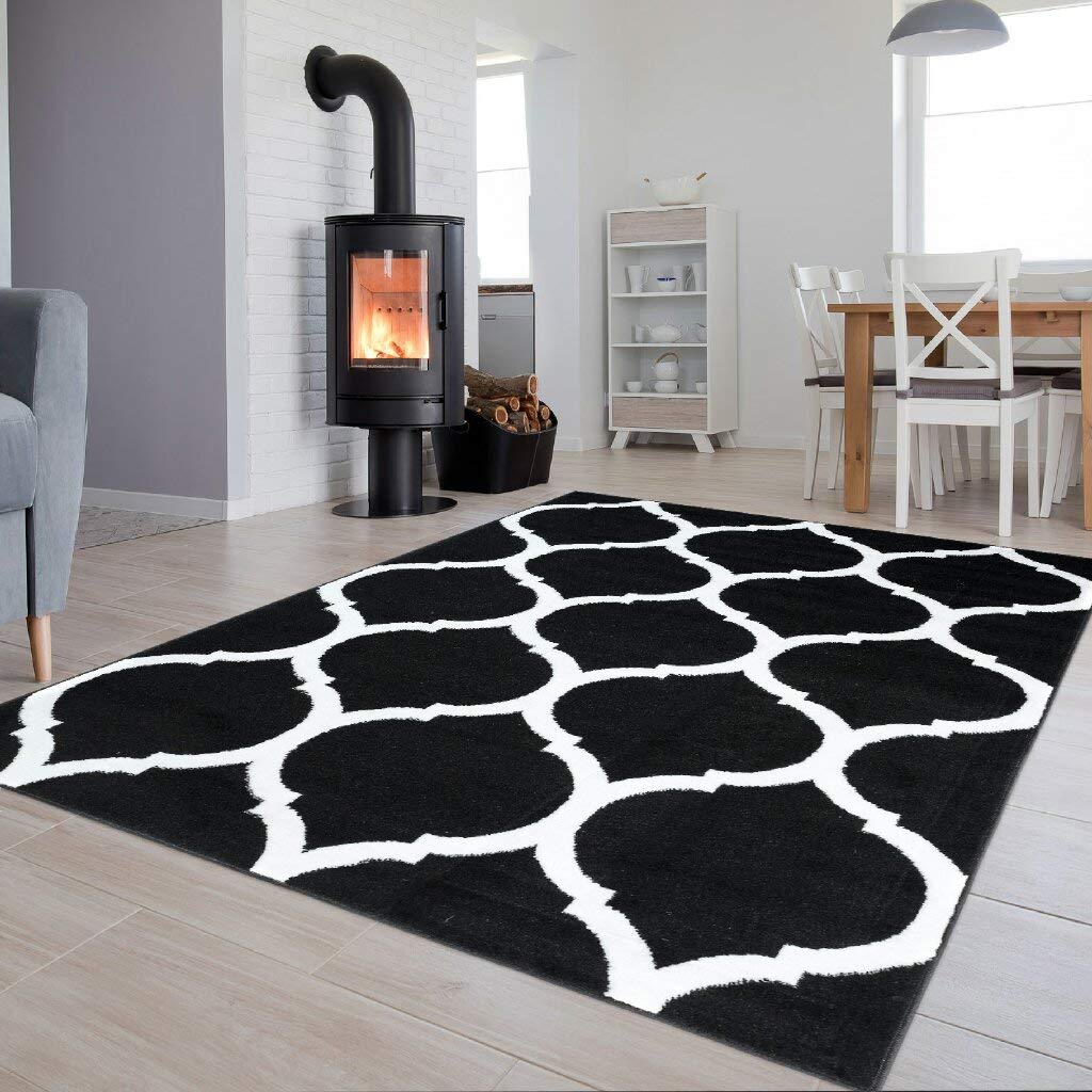 TAPISO Luksusowy dywan z krótkim włosiem, czarno-biały, nowoczesny, marokański, geometryczny wzór, do salonu, pokoju młodzieżowego, Ökotex 140 x 200 cm