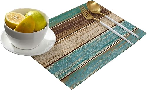 Vista 3 de Vandarllin Juego de 6 manteles individuales retro con textura de madera rústica de poliéster, resistentes a las manchas, manteles individuales Rayas