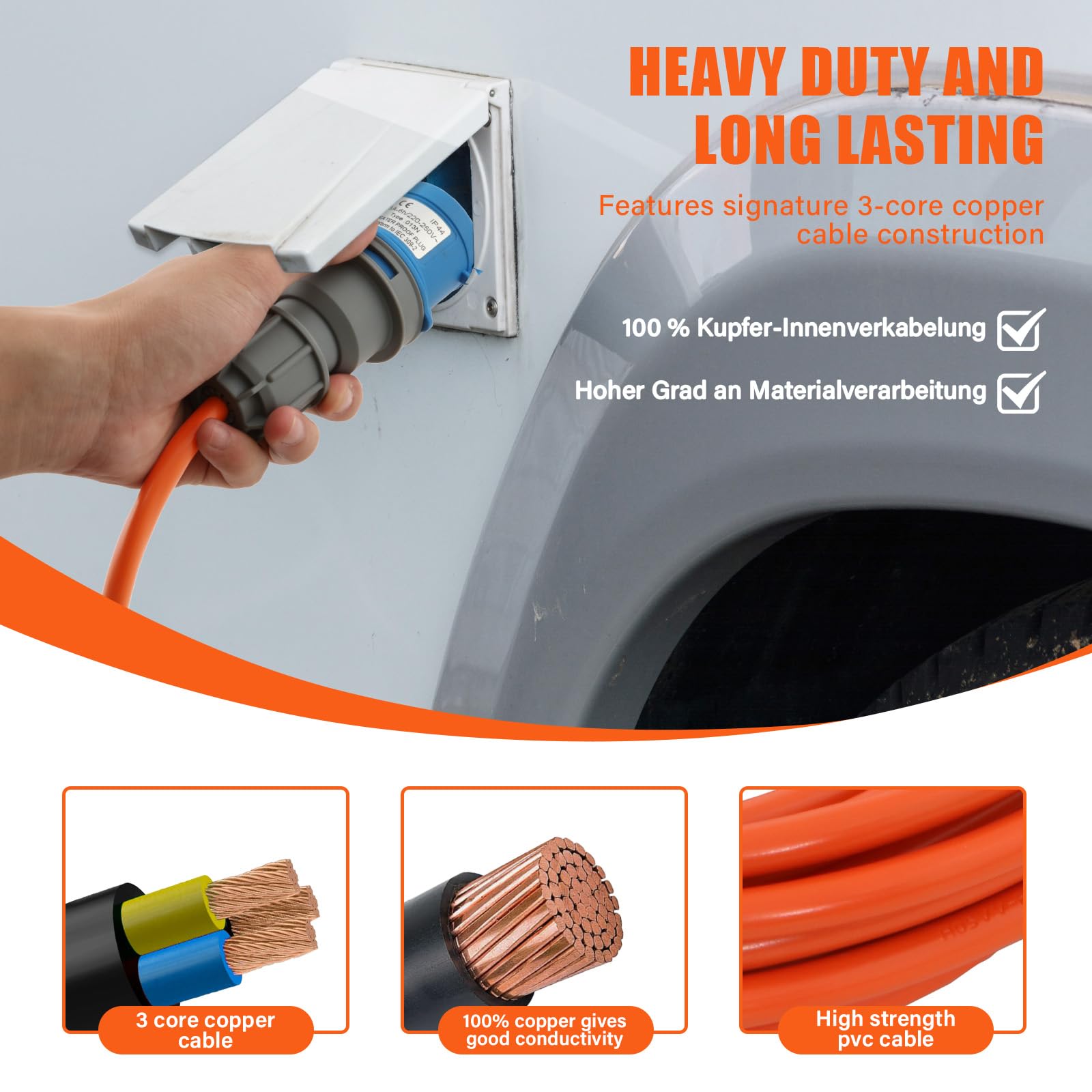 10m Rallonge de Camping, Câble de Prolongation Industriel CEE 240V 3G2,5mm² en Couleur Signal Orange | IP44 adapté à l'extérieur, Prise CEE 16A avec, Robuste pour Camping & caravanes