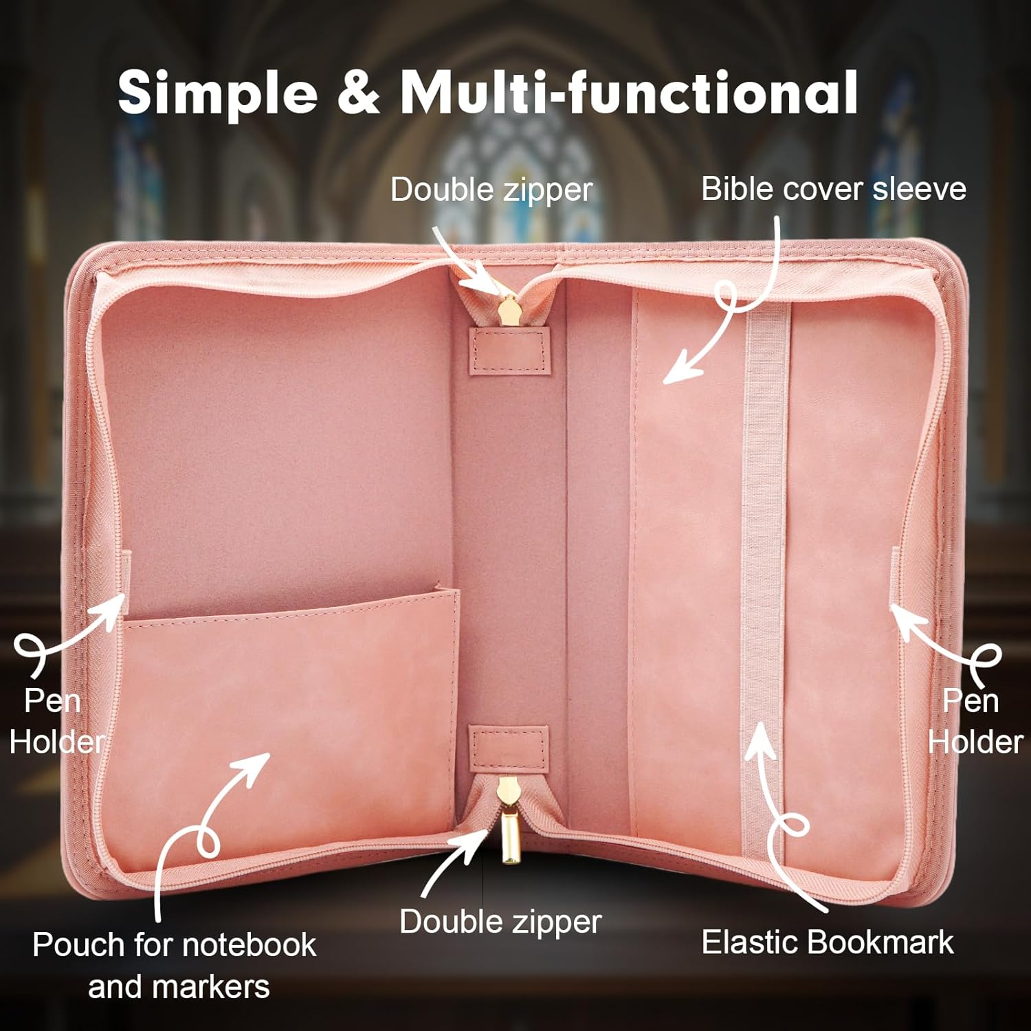 Bible Cover Case for Women, Fit 9.45x6.3x1.7 Inch Bible, Large PU Leather Bible Case for Girls, Pink Bible Cover with Reinforced Handle Strap, Zipper, Inner Pocket, for Protection, and Carrying