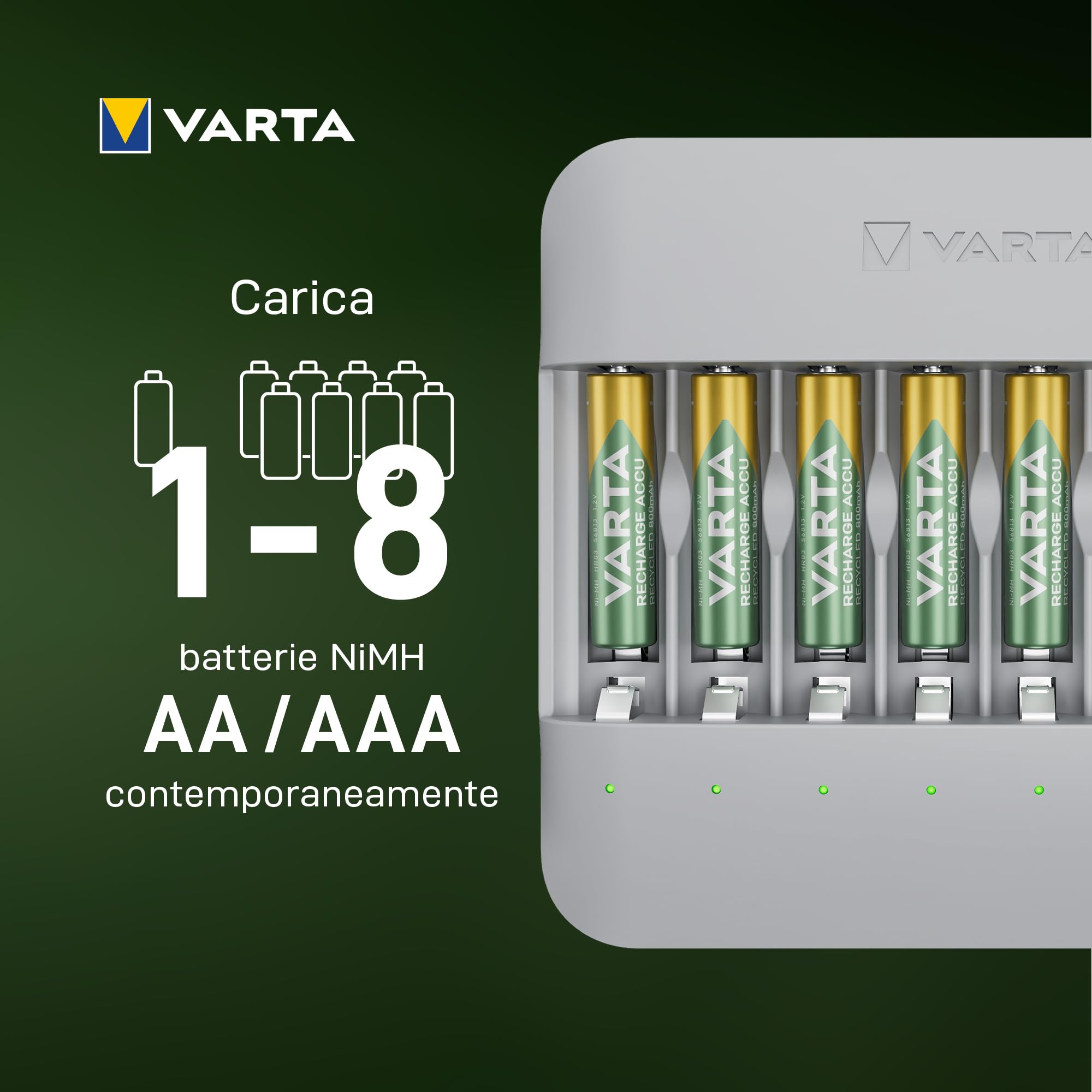 VARTA Caricabatterie per 8 AA/AAA, Eco Charger Multi Recycled | per pile ricaricabili NiMH, 75 % di materiale riciclato, Incl. 8x AAA 2100 mAh