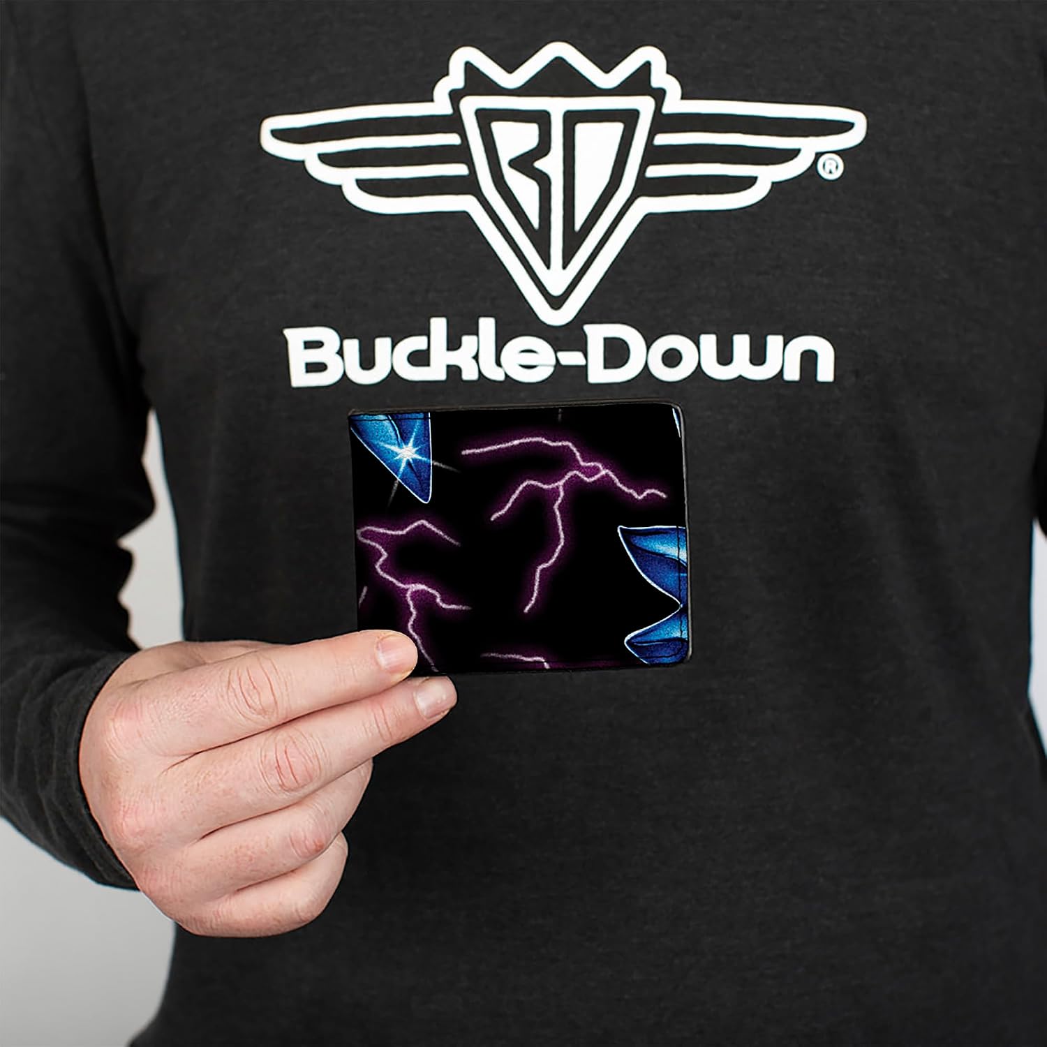Buckle-Down Rick and Morty Wallet, Bifold, Rick and Morty Electric Faces Scattered Black Blues, Vegan Leather