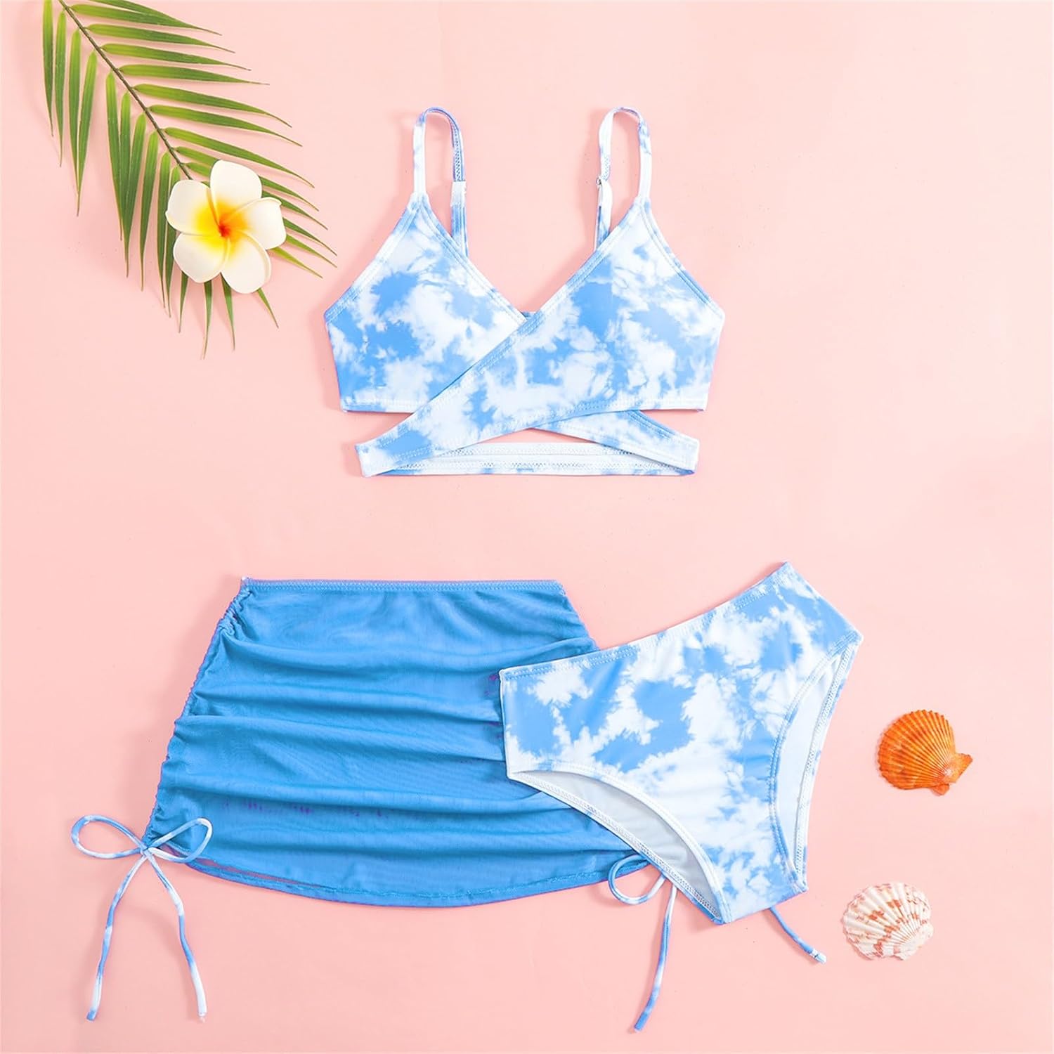 Girls 3 Piece Swimsuits Tie Dye Bathing Suit Adjustable Straps Bikini Set for Kids Beach Swimwear with Cover Up Skirt