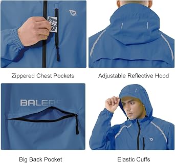 baleaf Men's Rain Jacket Waterproof Hood Lightweight Reflective Packable