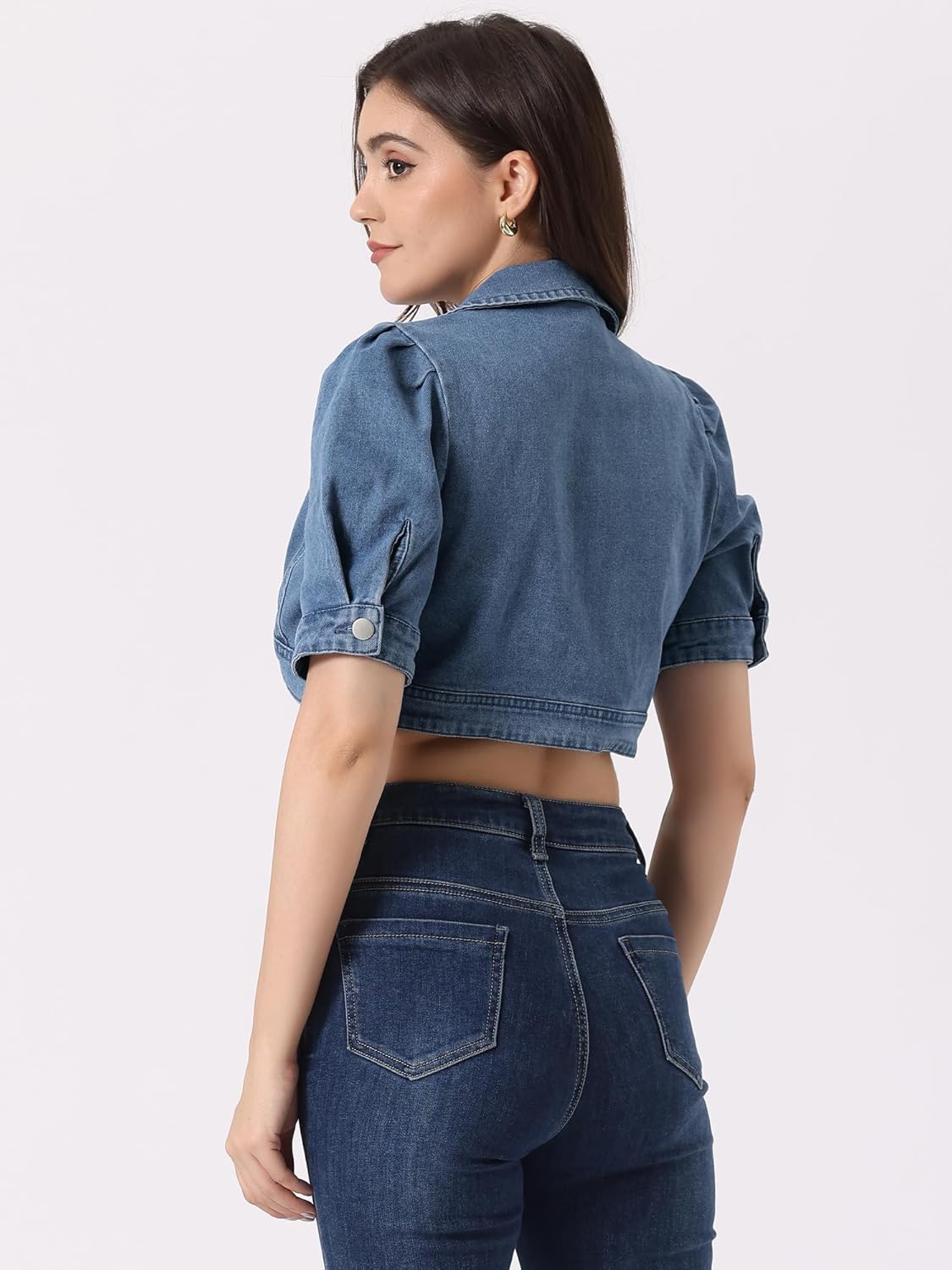Allegra K Cropped Denim Jacket for Women Casual Short Puff Sleeve Lapel Open Front Jean Jackets Summer Outwear - Image 3