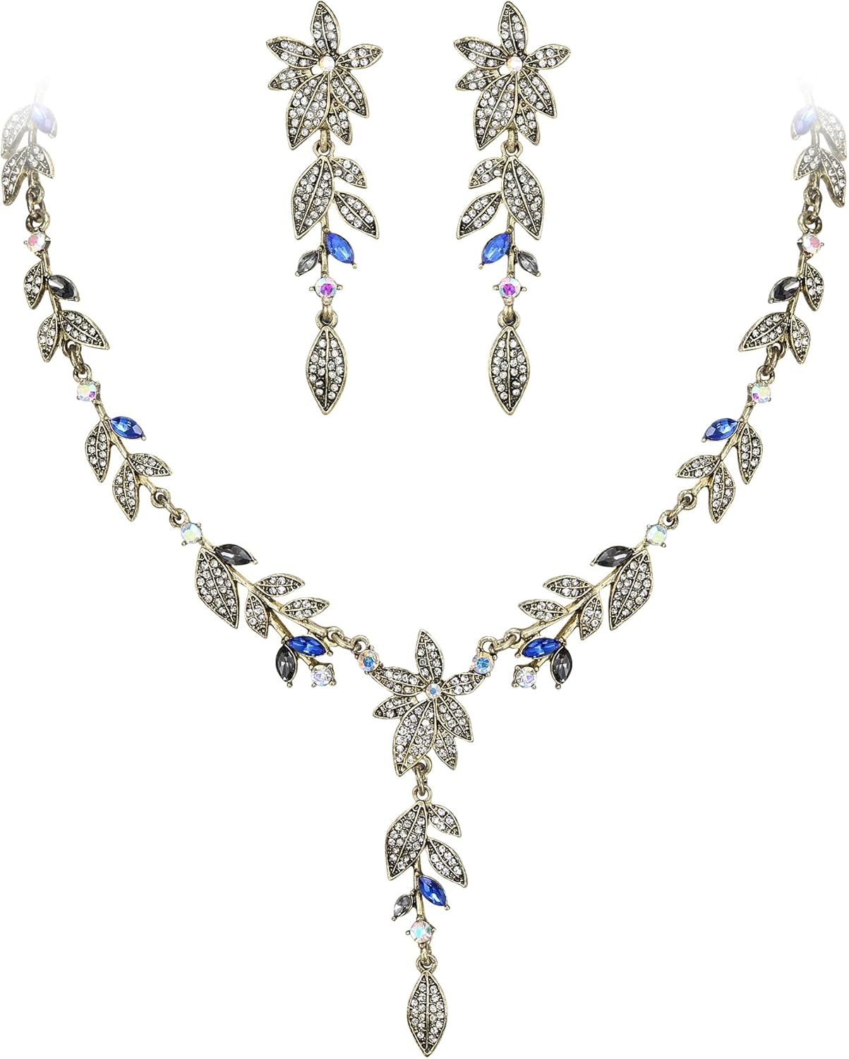 BriLove Wedding Jewelry Set for Women,Shiny Gorgeous Crystal Marquise Leaf Flower Cluster Y-Shape Pendnt Necklace Dangle Long Earrings for Bridal Party Prom Accessories