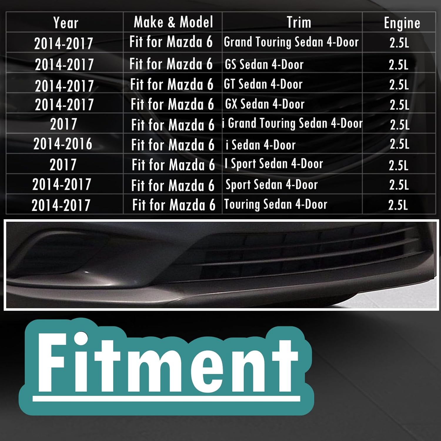 Front Bumper Lower Grille with 1 Pair Fog Lamp Light Bezel Covers Molding Trim Fit for Mazda 6 2014 2015 2016 2017 (No Logo) Replace for GJR9501T1A GHP950C11A GHP950C21A