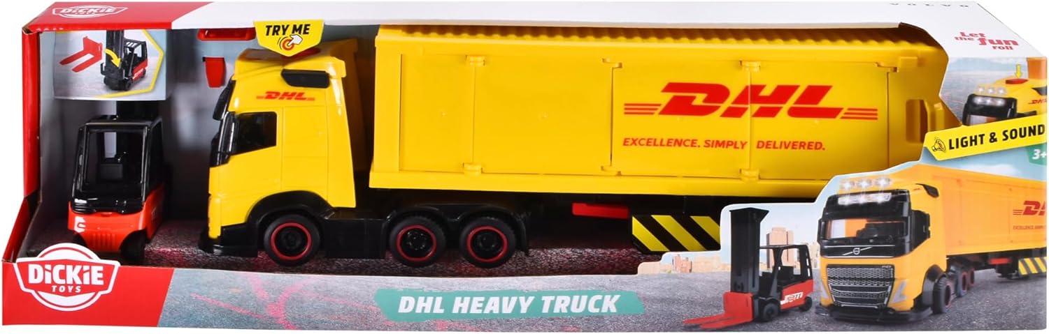 DICKIE TOYS - Volvo DHL Truck FH16 (35 cm) - Post & Parcel Transporter for Children Aged 3 Years and Over, Toy car Set with Forklift Truck, Accessories, Light & Sound, incl. Batteries
