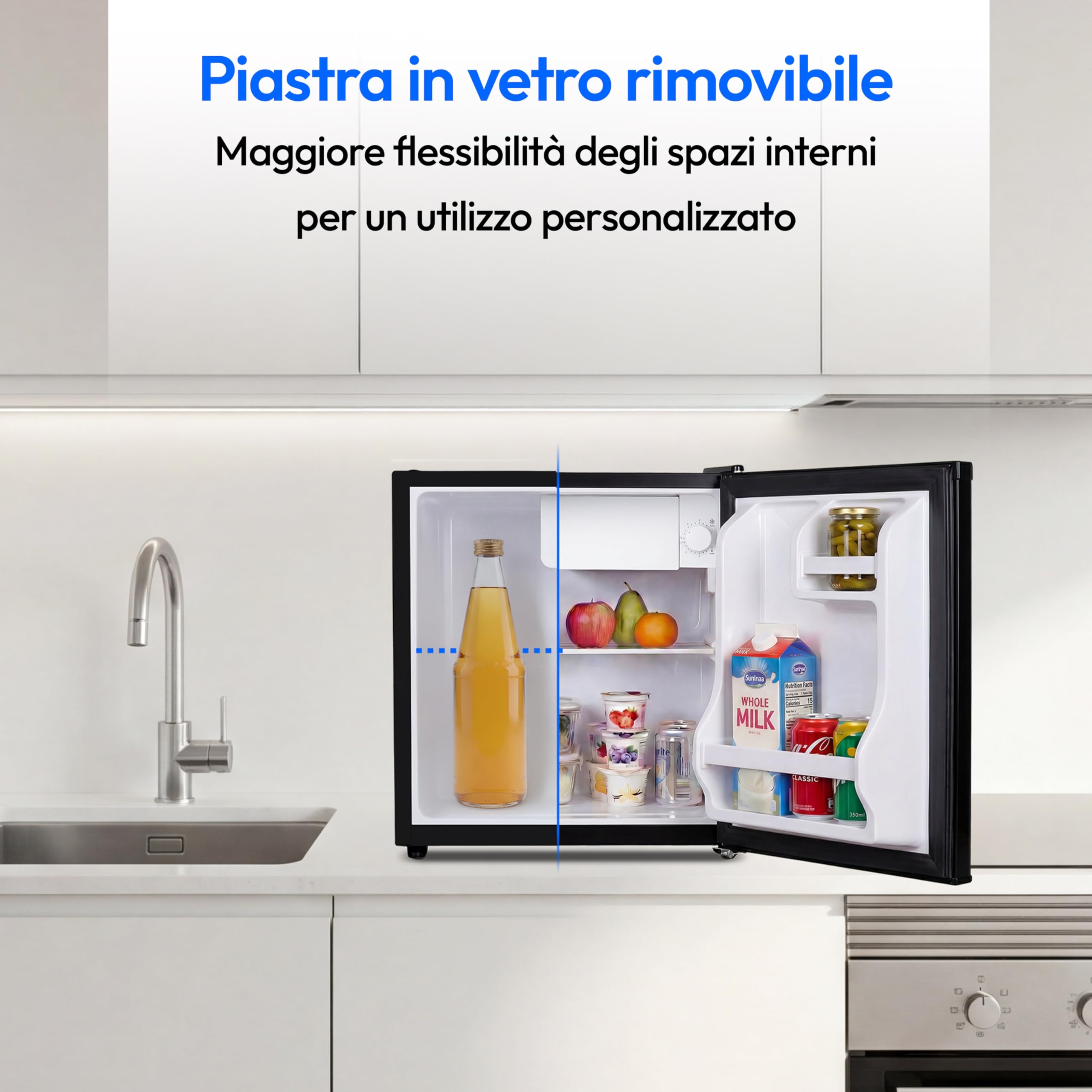 MEDION Mini frigorifero con serratura e vano freezer 42 L, silenzioso piccolo frigorifero per ufficio hotel minibar campeggio gaming, bevande alimenti ghiaccio, porta reversibile, MD 370001 nero