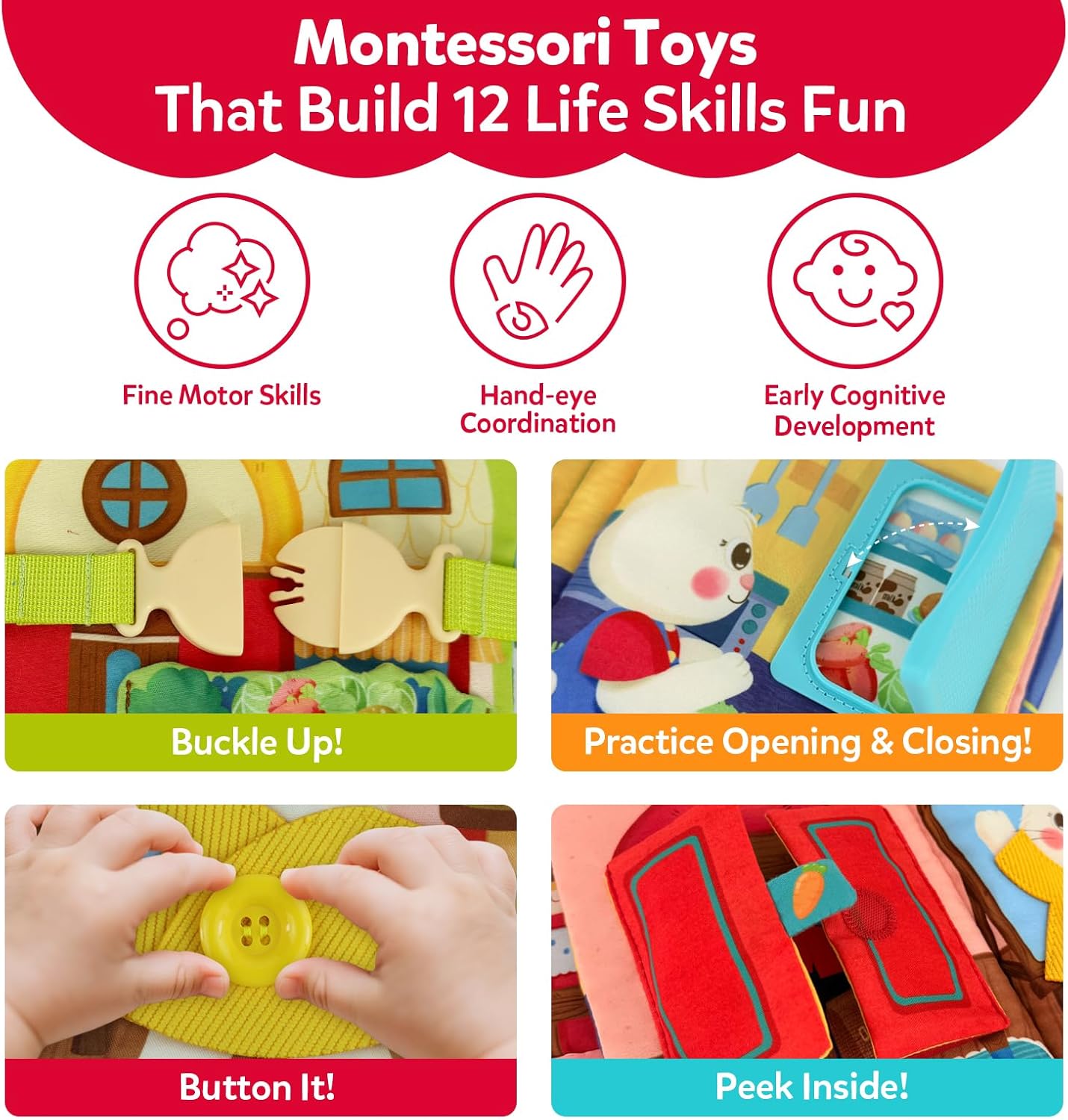 Busy Book for Toddlers 1-3 - Montessori Busy Book for 1  Year Old, Toddler Busy Board with 12 Activities, Interactive Activity Books Gift for 1 2 Year Old Boys and Girls