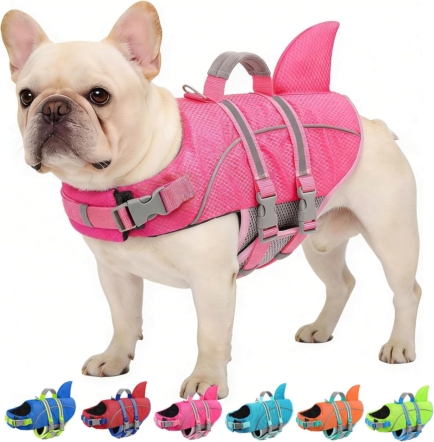 AOFITEE Small Dog Life Jacket, Shark Life Jackets for Swimming Boating, Reflective Dog Swimming Vest with High Buoyancy, Pet Life Preserver with Handle for French Bulldog, Pet Lifesaver (Hot Pink S)
