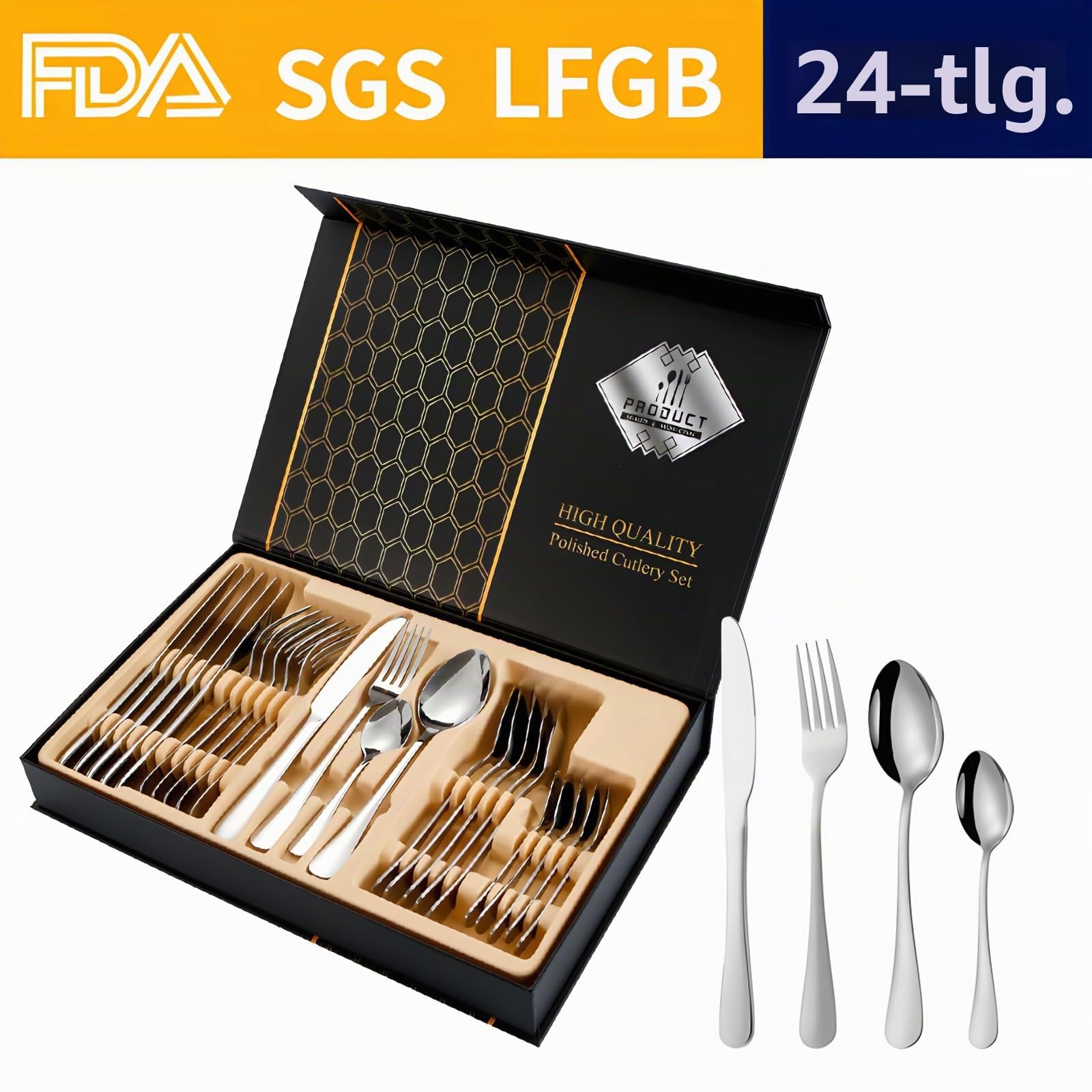 Individuell graviertes Geschirr, 24-teiliges Geschirrset mit Geschenkbox, Besteck-Geschenkbox aus Edelstahl, Geburtstagsgeschenk, Familienparty-Geschirrset (Silber)