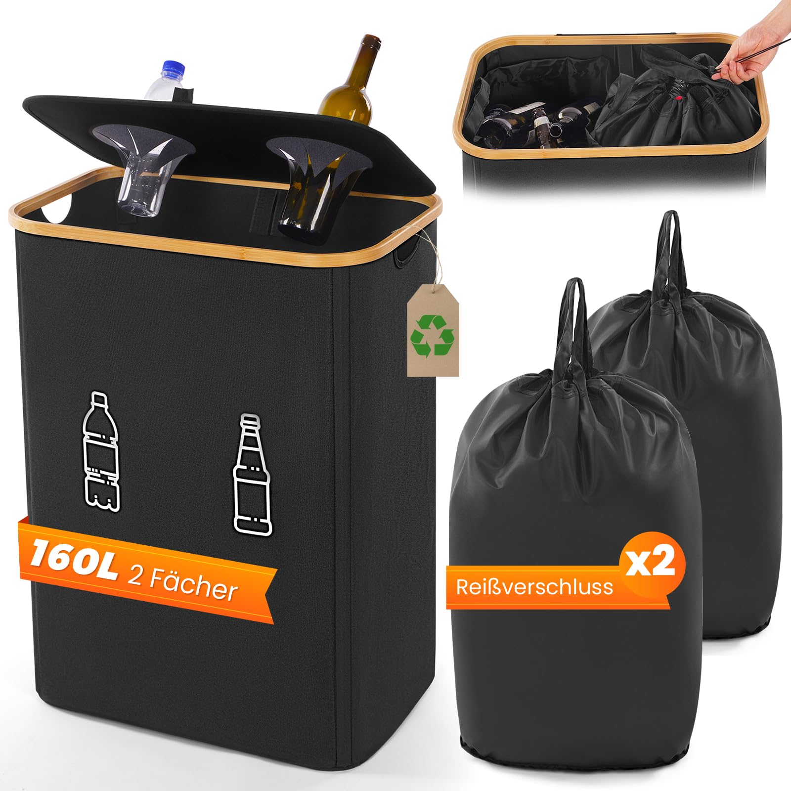 2x 160L Pfandflaschen-Sammelbehälter Mit Rollen – Faltbar, Mit Deckel & 2 Fächern, Für Haushalt, Restaurant, Hotel
