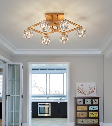 Miniatura 5 de AMZASA Candelabro moderno de cristal, lámpara de techo semiempotrada dorada de latón antiguo, 6 luces geométricas para comedor, sala de estar,