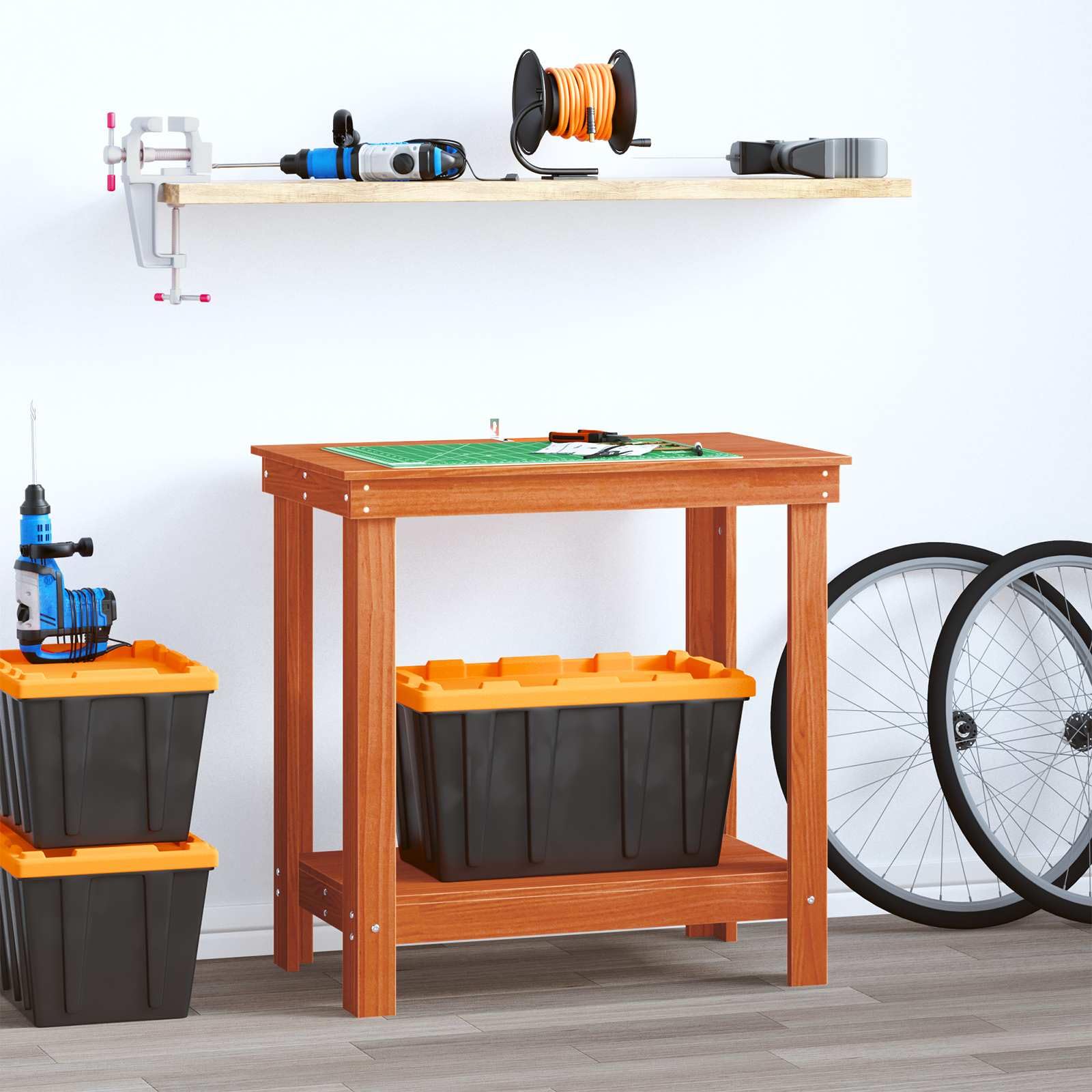 Banco de trabajo de madera de pino maciza, 80 x 50 x 80 cm, con estante para taller, sala de ocio, garaje y banco de taller para almacenamiento y organización