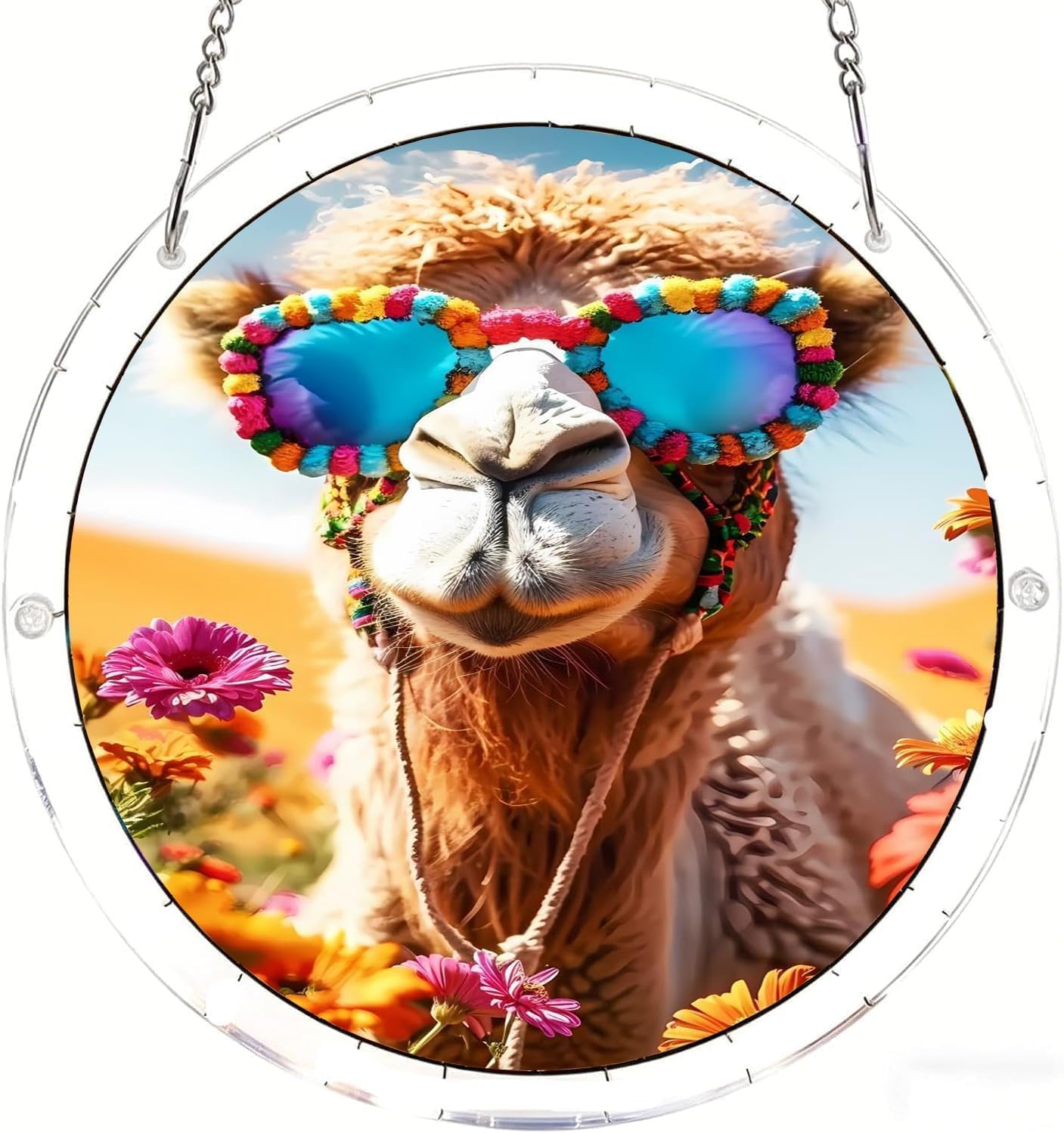 The Camels Surrounded by Flowers Camel Acrylic Jigsaw Puzzles Suncatcher, 8.9 Inch Window Hanging Suncatcher Acrylic Puzzle, DIY Home Decor Art Gift
