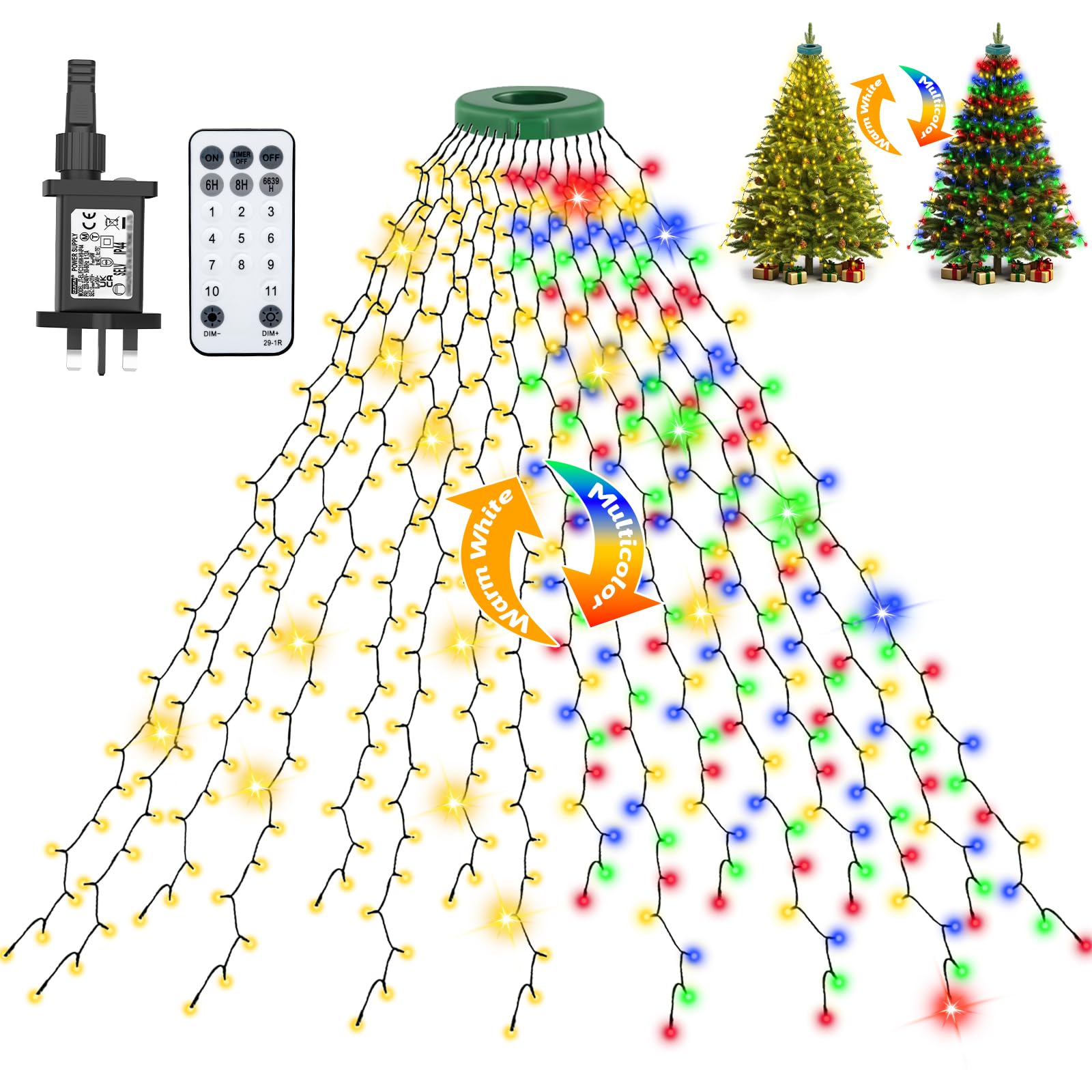 Christmas Tree Lights Color Changing,Cshare 2Mx 16 Lines 400 LEDs Warm White to Multicoloured Xmas Tree Lights Mains Powered with Remote-Memory-Timer-Waterproof for 1.5-2.5M Christmas Tree In/Outdoor