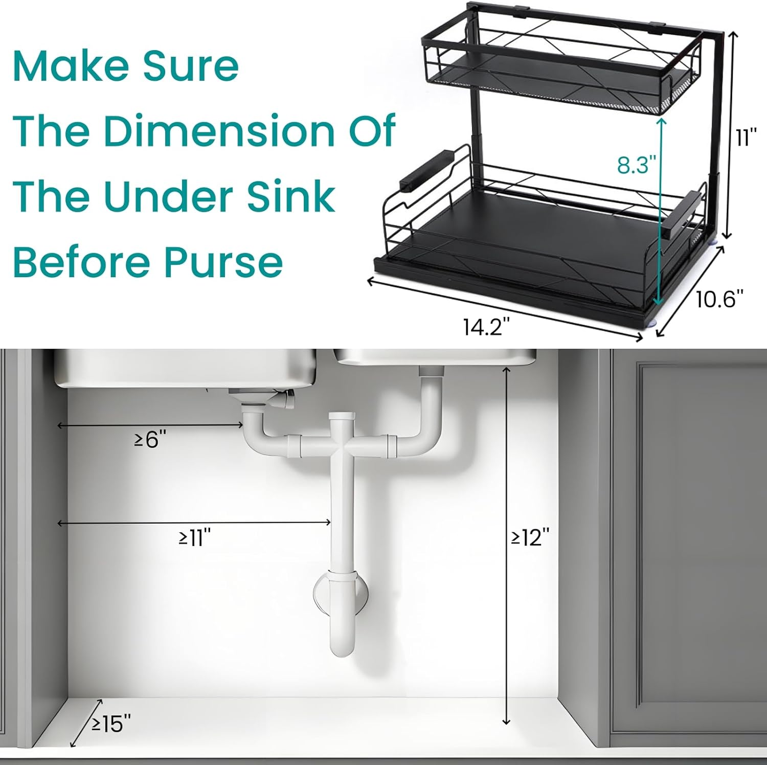 Pull Out Under Sink Organizer, 2 Tier Under Sink Storage with Suction Cups, PVC Mat, Sliding Drawer, Metal Cleaning Supplies Shelf Cabinet Organizer for Kitchen, Laundry, Pantry, Bathroom - Image 5